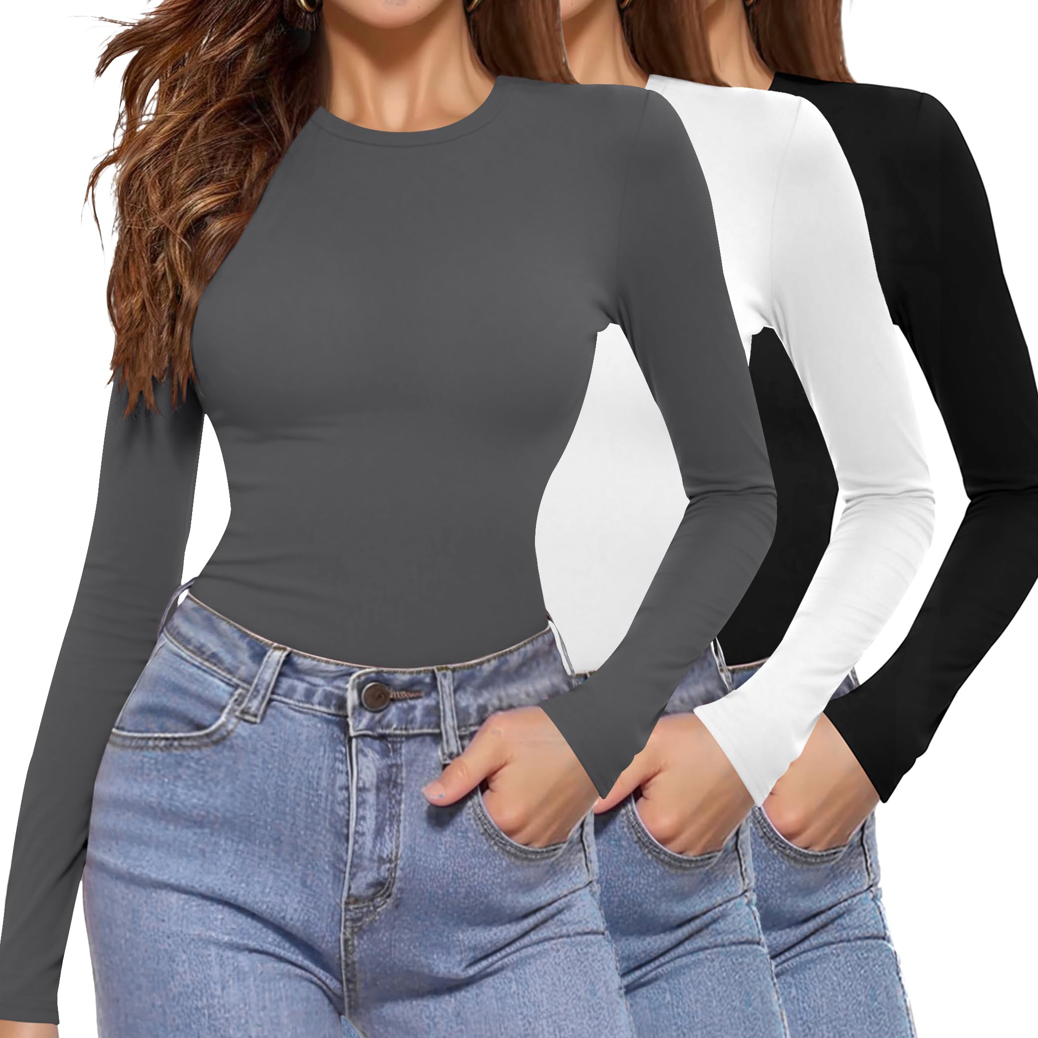 Aottori 3 Pack Langarmshirt Damen Rundhals Basic Tops Langarm Eng Oberteile Elegant Stretch Unterziehshirt Slim Fit Unterhemd Layer Tee Shirt Casual XS-XXL