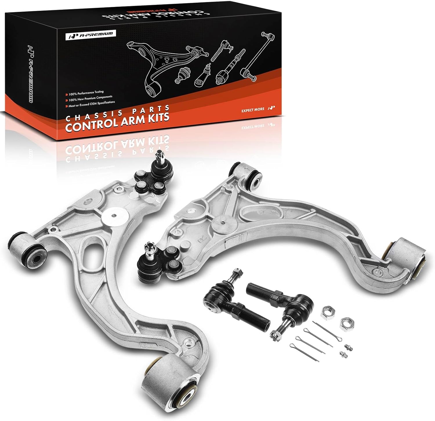 A-Premium Set of 4, Front Lower Control Arm, Outer Tie Rod End, Compatible with 1998-2005 - Buick LeSabre, Park Avenue, Riviera, Cadillac DeVille, Seville, Oldsmobile Aurora, Pontiac Bonneville