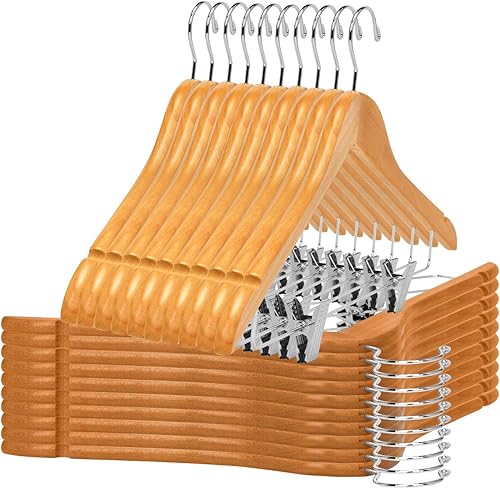 Perchas de madera de calidad con clips, paquete de 80 perchas naturales para pantalones con clips ajustables de metal cromado, gancho giratorio, Perchas de madera de calidad con clips, paquete de 80 perchas naturales para pantalones con clips ajustables de metal cromado, gancho giratorio,