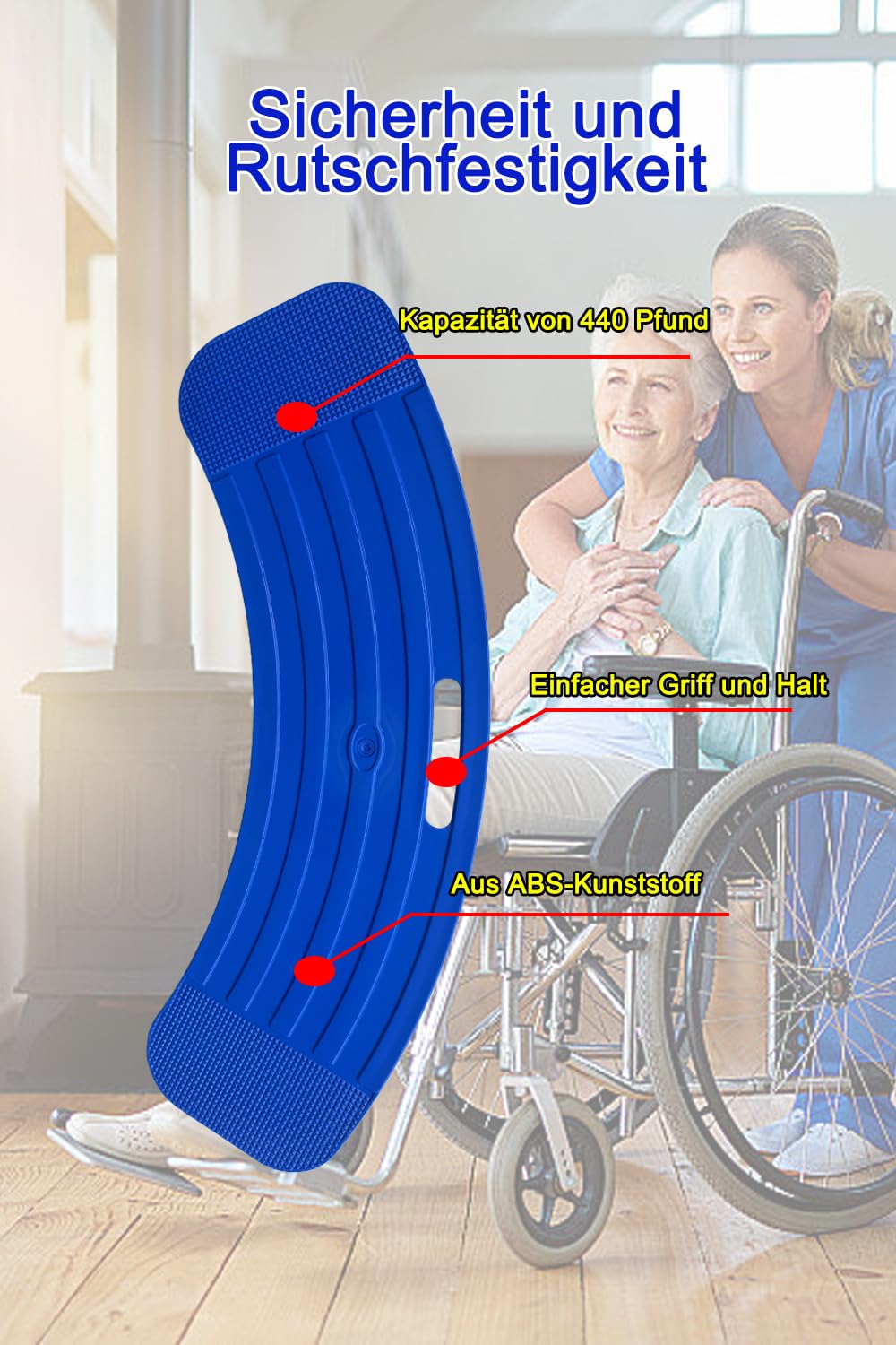 Transferbrett mit Griff – Patienten- oder Handicap-Gleithilfegerät für sicheren und einfachen Transfer vom Rollstuhl ins Bett, Toilette, Auto oder Badewanne – rutschfeste Mobilitätshilfe (Blue)