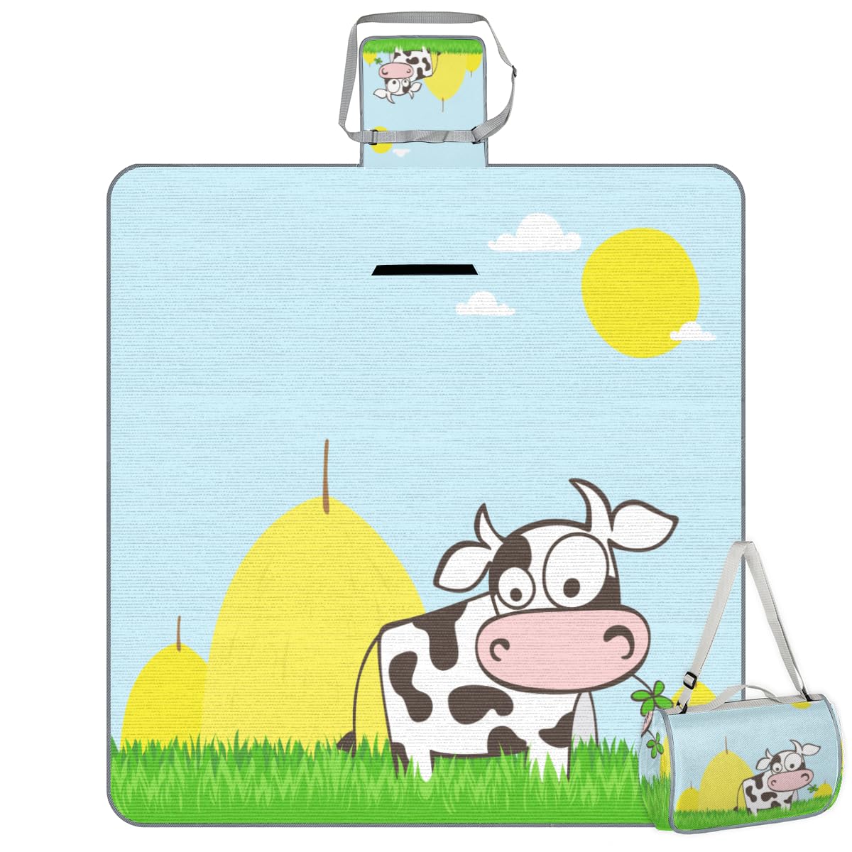 Shimoshe Picnic Blankets 57”x 59”, Summer Cartoon Cow Waterproof Sandproof Picnic Mat Lightweight Foldable Beach Blanket for Camping Park Grass Beach Outdoor Blanket