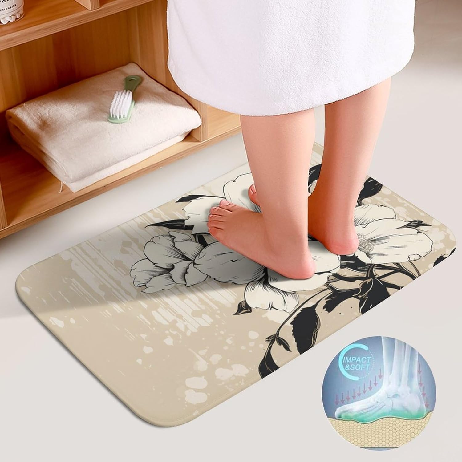 Anti-Skid Floor Mats 3 Piece Set,Beige Floral Pattern Printed Coral Fleece Bathroom Mats U-Shaped Contour Mat Toilet Seat Cover for Bathroom, Tub, Shower, Kitchen 19.7"x31.5"