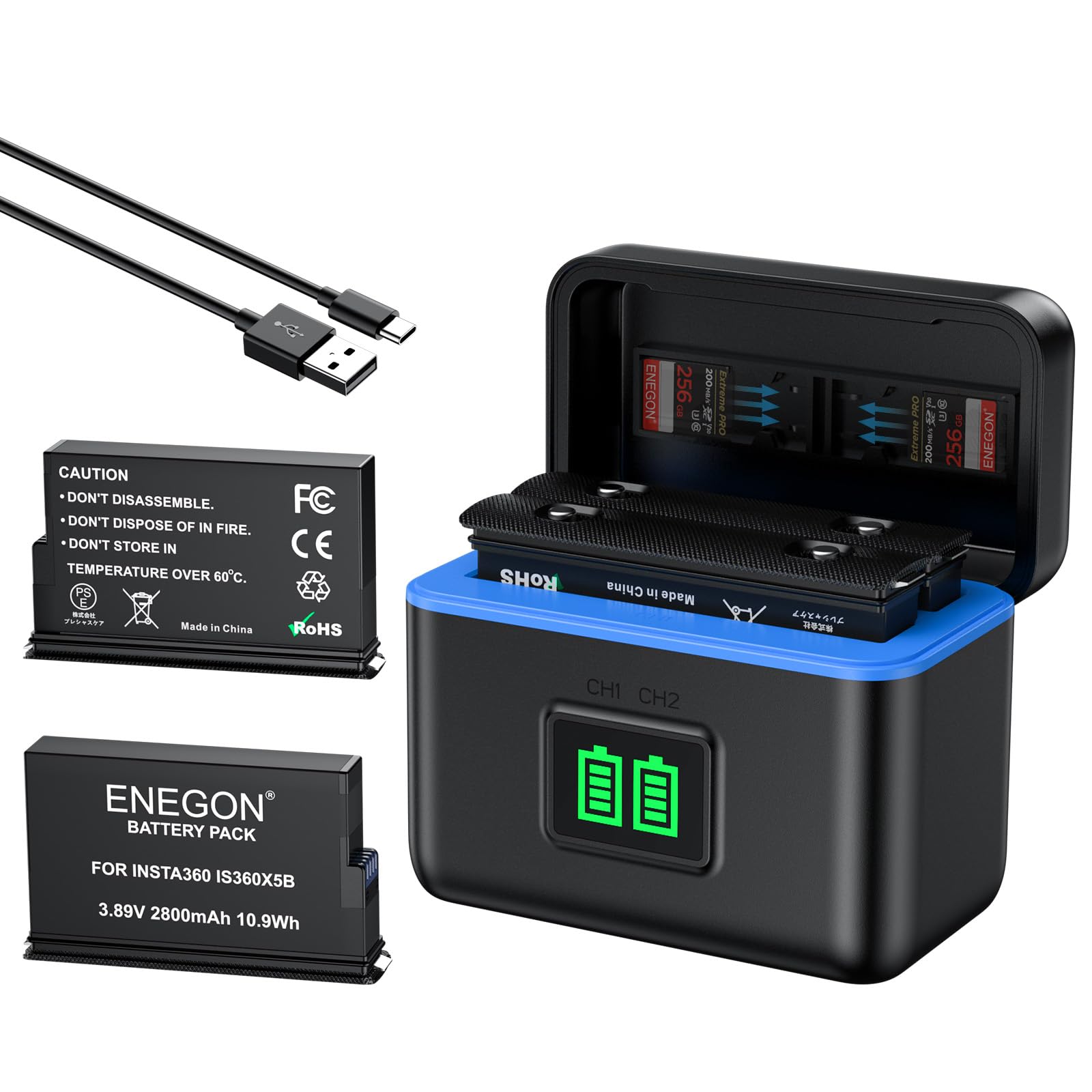 ENEGON Batterie Insta 360 X5 Set, capacité - 2800 mAh, 2 pièces par Set, avec Un Chargeur de Rangement Pratique doté d'un écran LCD