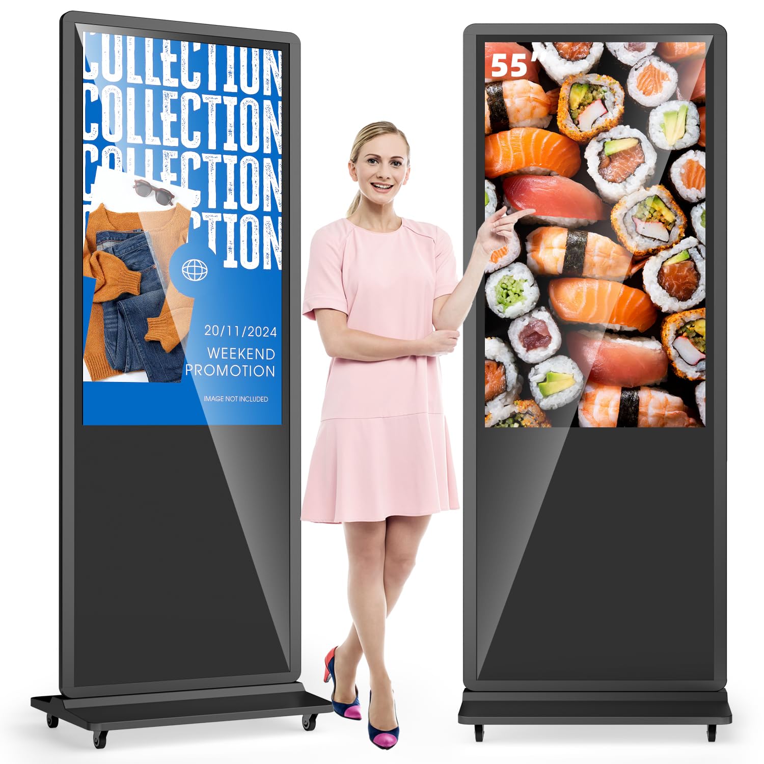 MWE 55 Zoll 4K Touchscreen Digitaler Kundenstopper mit 4 Rollen, Werbedisplay Digital, LCD Digital Signage Display, Geeignet für Einzelhandelsgeschäft, Restaurant, Einkaufszentrum und Gewerbezentrum