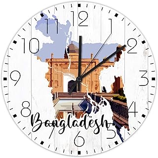 Wood Hanging Wall Clock Non-Ticking Sweep Movement Bangladesh Retro Wall Clocks World Explorer' Landmark Building Home Decor for Family Room Hotel Daycare 10 Inch