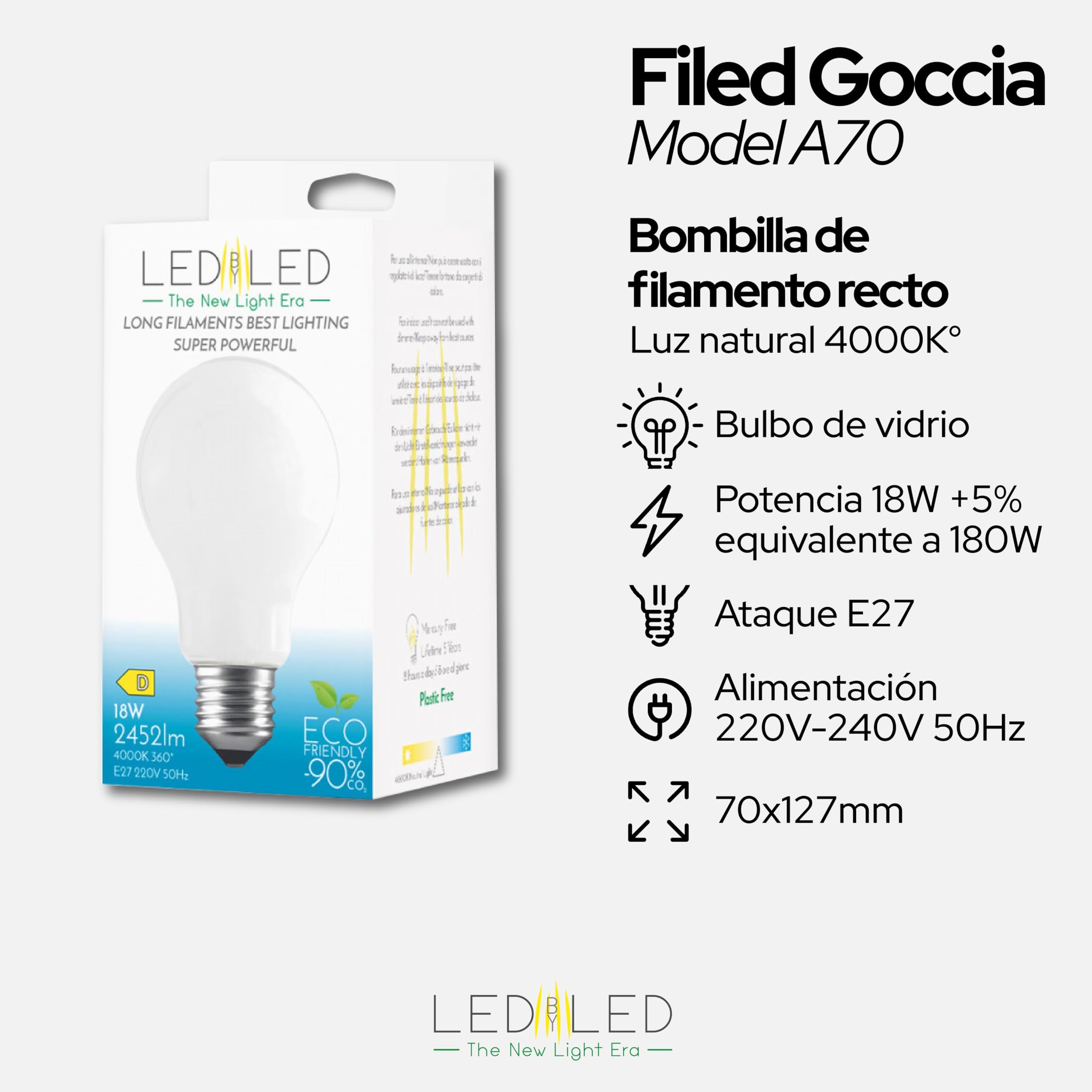 Bombilla Gota 18W Equivalente a 180W, E27, Cristal Lechoso, 4000K Luz Natural, filamento LED recto, 2452 Lúmenes, Pack de 10 unidades