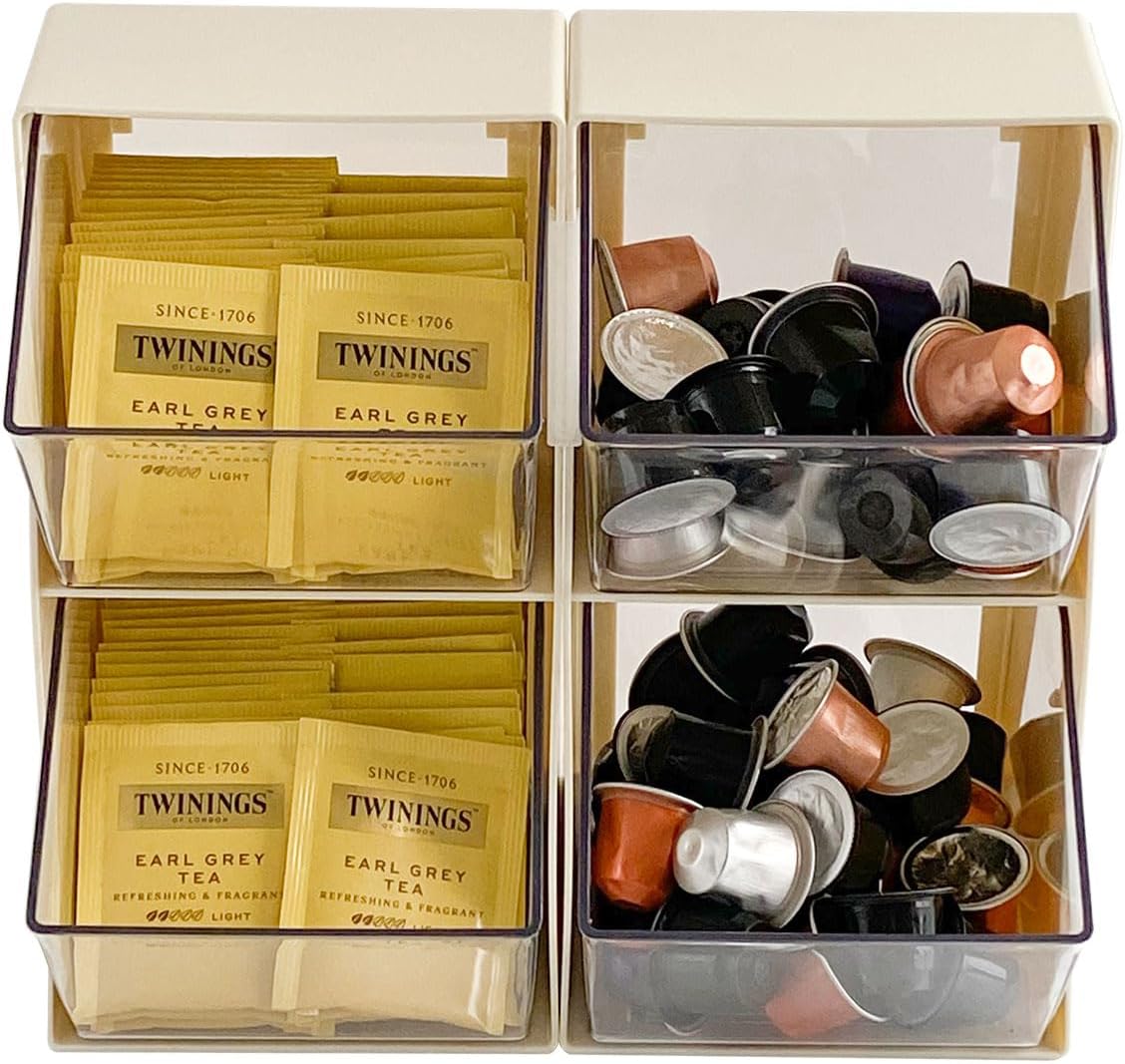 2 Pack Coffee Pod Holder, Creamer Holder for Coffee Bar, Plastic Sugar Organizer for Station, Kitchen Pantry, Home Office Storage Bins for K Cups, Tea Bags, Candy, Snacks (White)