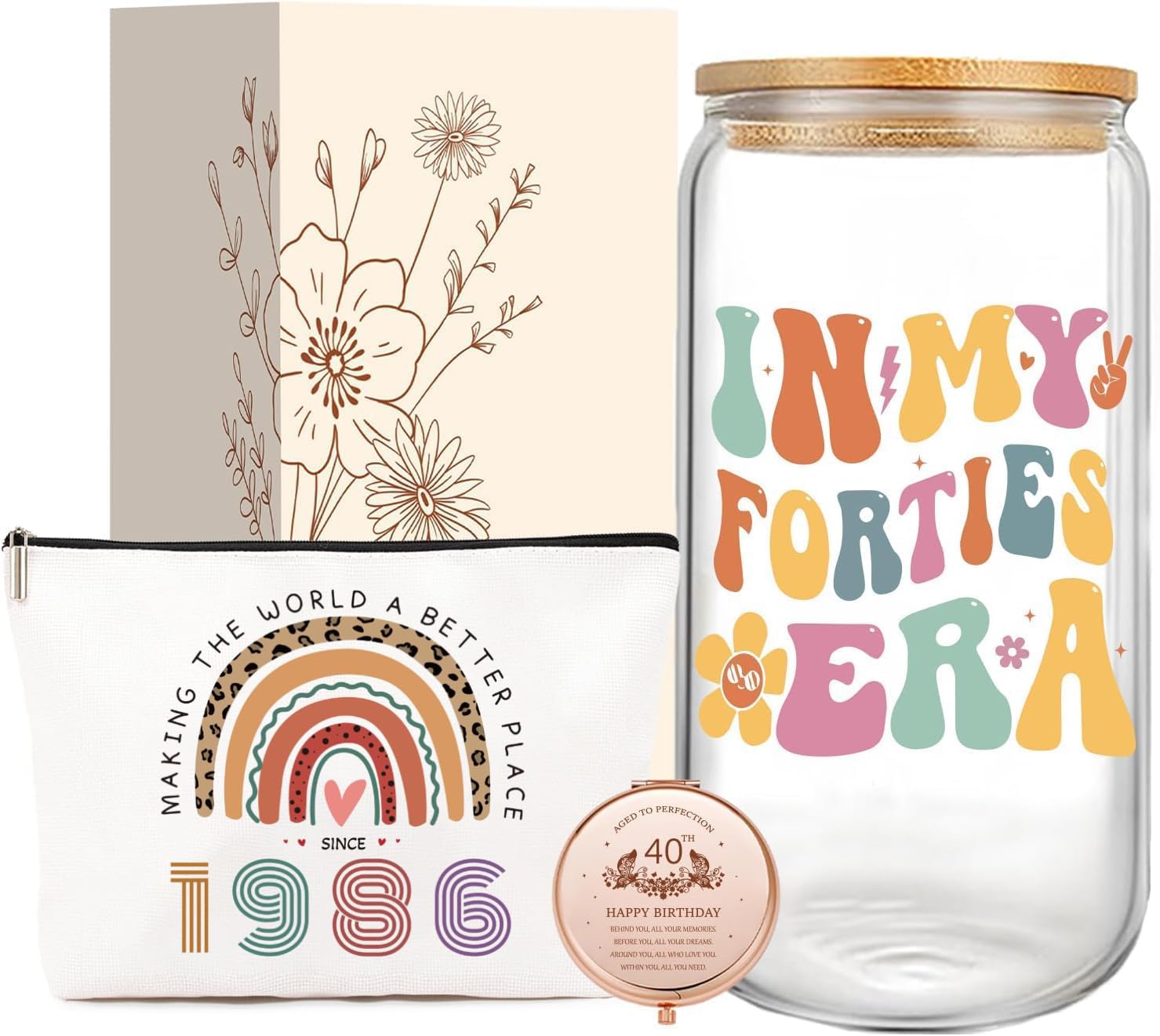 Jars Nova 40th Birthday Gifts for Women | Personalized 40th Birthday Gift Set - 16oz Glass Tumbler, Cosmetic Bag & Compact Mirror | Turning 40 Presents for Wife, Bestie, Sister, Friend