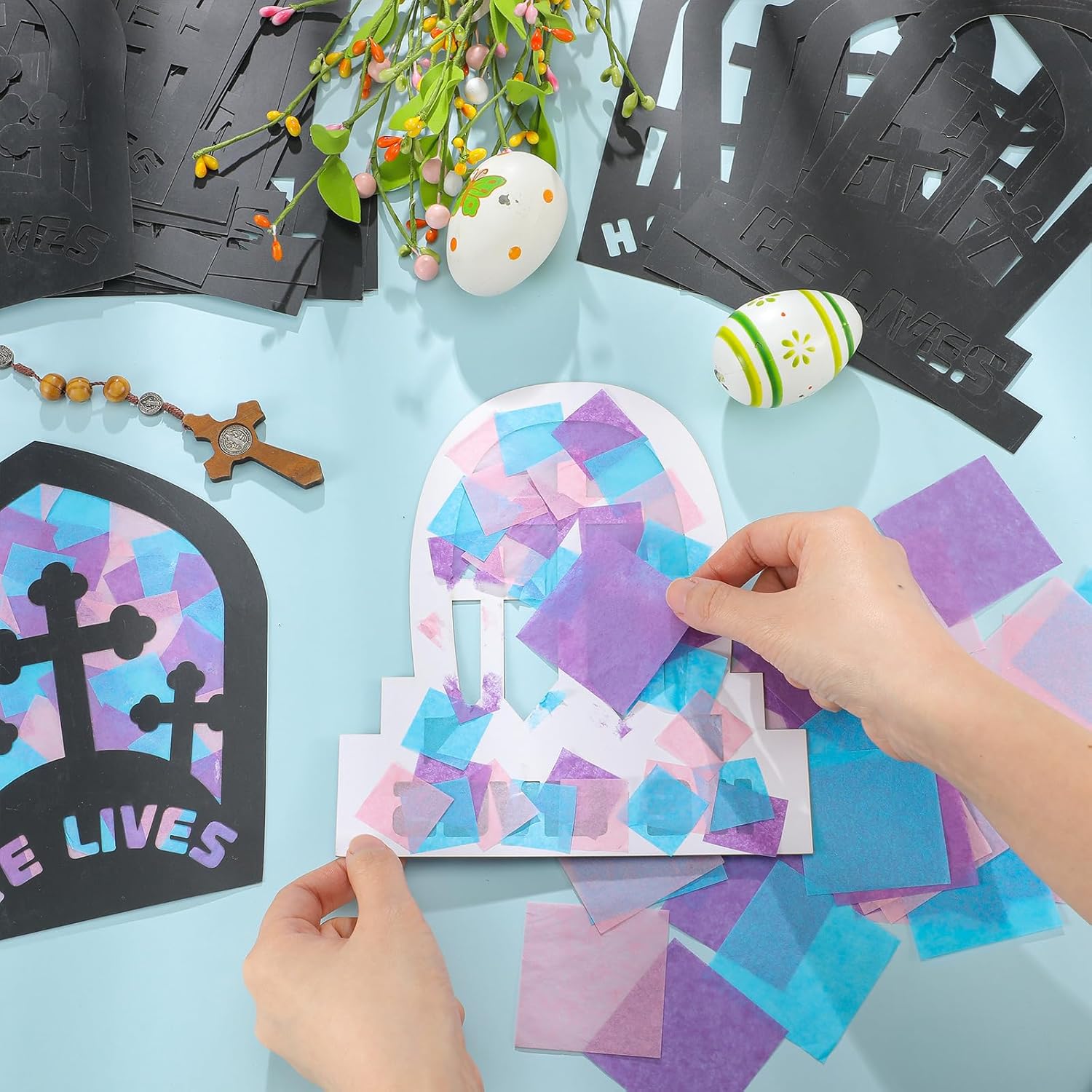 24 Sets Easter Religious Cross Crafts He Lives Religious Tissue Paper Sign Easter Crafts Kit Resurrection DIY Suncatcher Art Christian Ornaments Jesus Sunday Art