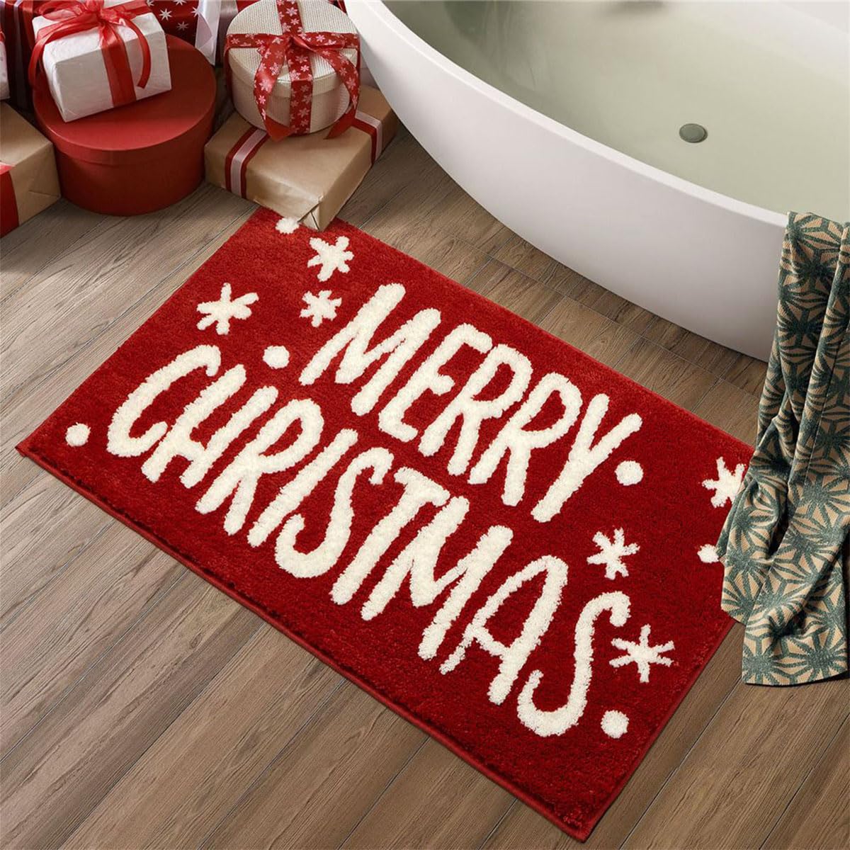 Tapis de bain antidérapant Merry Christmas rouge : sortie de douche sécurisée 45 x 75 cm