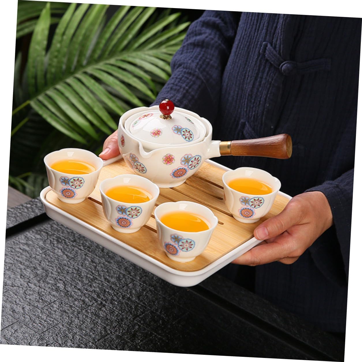 Ceramic Kungfu Tea Set with Rotatable Teapot and Porcelain Teacups, Portable Travel Tea Brewing Kit with 1 Teapot, 4 Cups, and Carrying Bag for Outdoor and Home Use