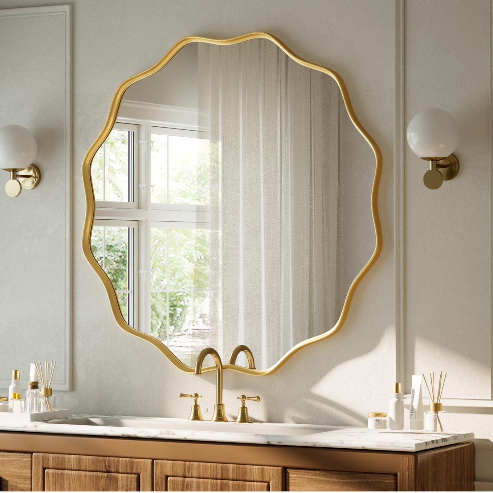Koonmi Grand miroir rond à bord ondulé de 75 cm avec cadre en métal texturé à suspendre ou à poser au mur pour salle de bain, entrée, salon, doré