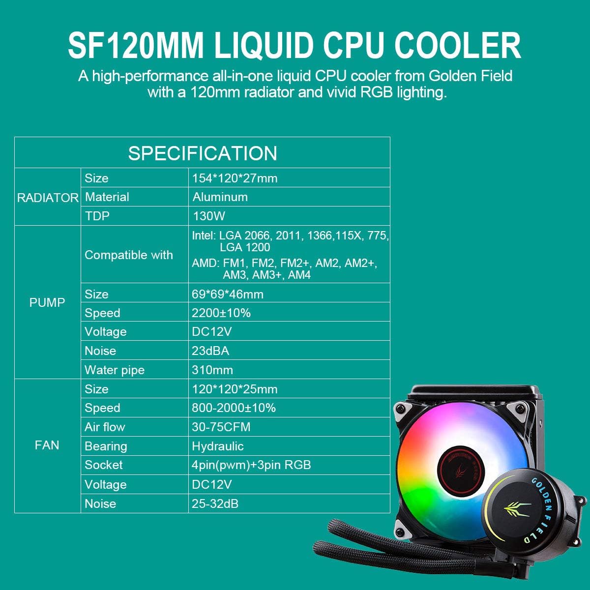 Blасk Frіdау - 40% оƒƒ GOLDEN FIELD SF120 RGB All-in-One Liquid CPU Cooler with 120mm Radiator Water Cooling Cooler System for Intel AMD