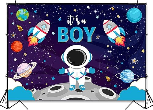 Miniatura 4 de Avezano Telón de fondo para baby shower con texto en inglés "It's A Boy", astronauta azul, decoración de fiesta de baby shower, temática del