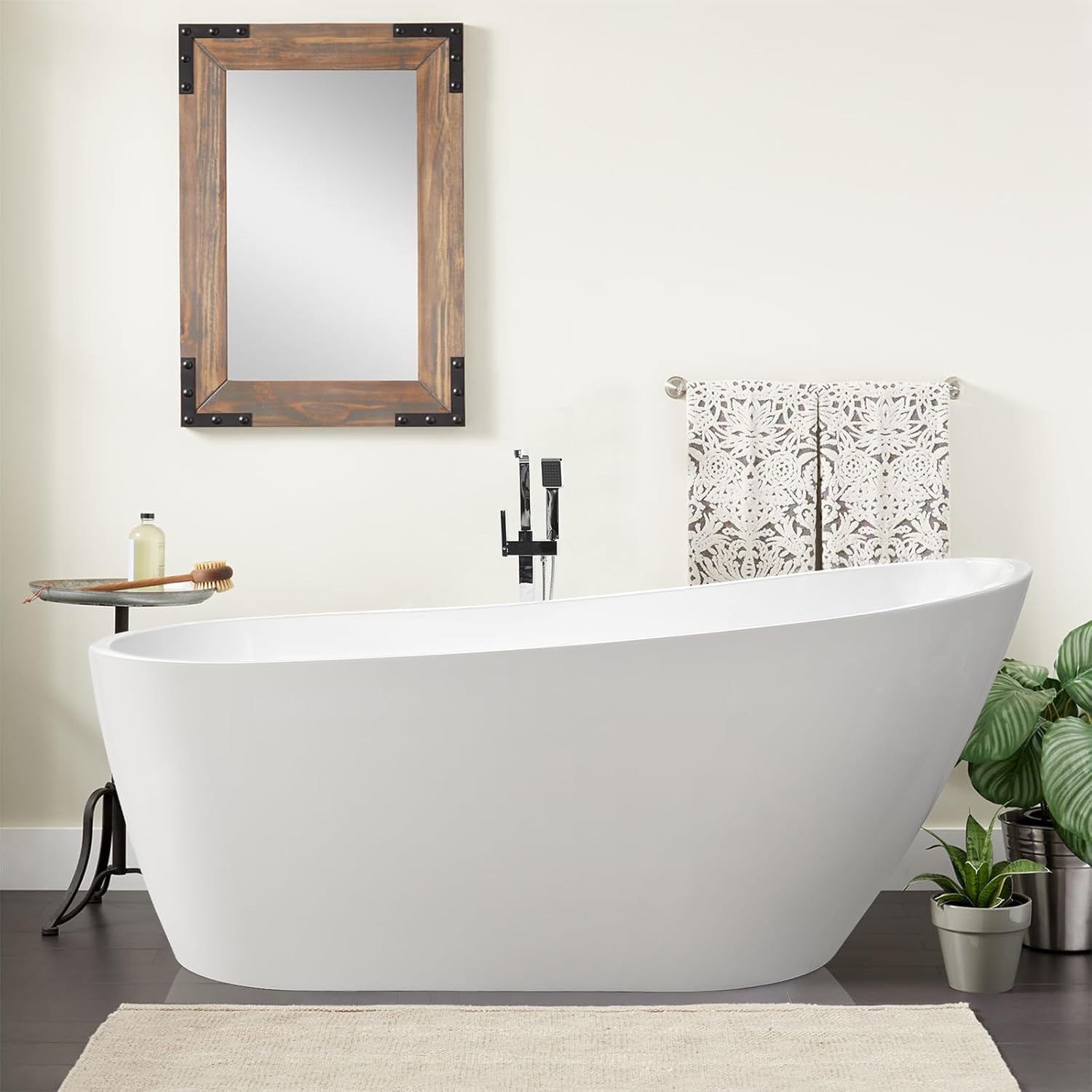Vanity Art 55 x 28 Inches Freestanding Bathtub White Acrylic Bathtub Modern Stand Alone Soaker Tub with UPC Certified Slotted Overflow and Pop-up Drain for Single Person Bathing