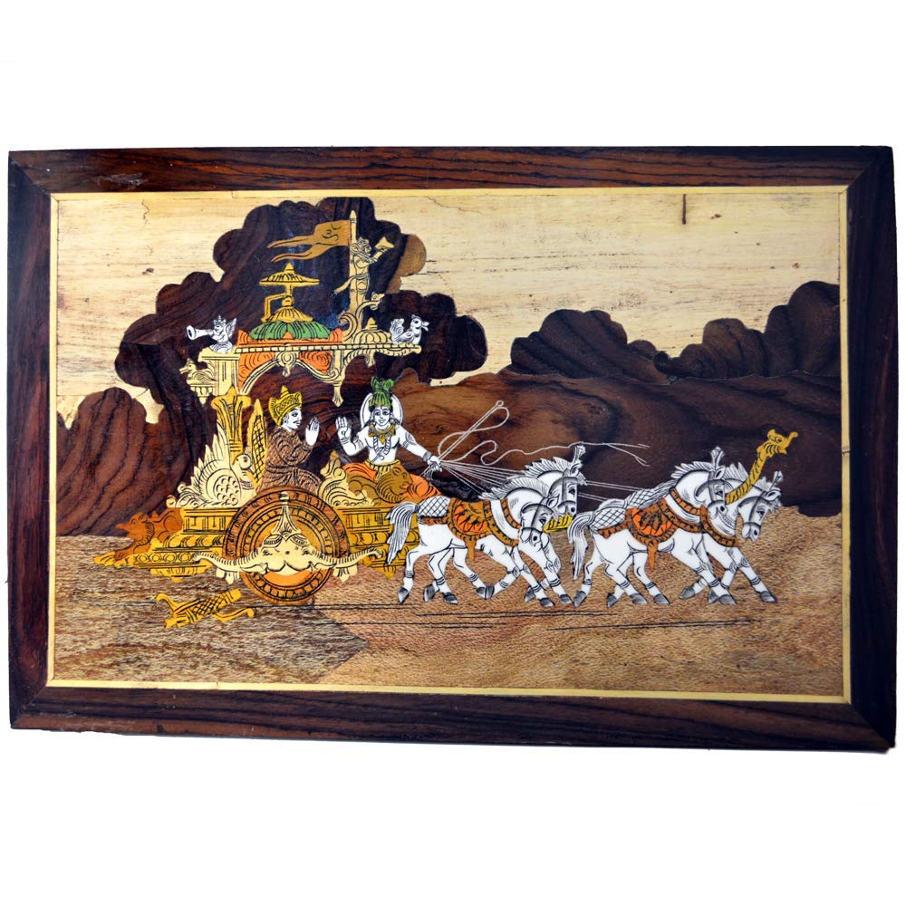 Mysore wood Inlay art of Lord Sri Krishna with Arjuna