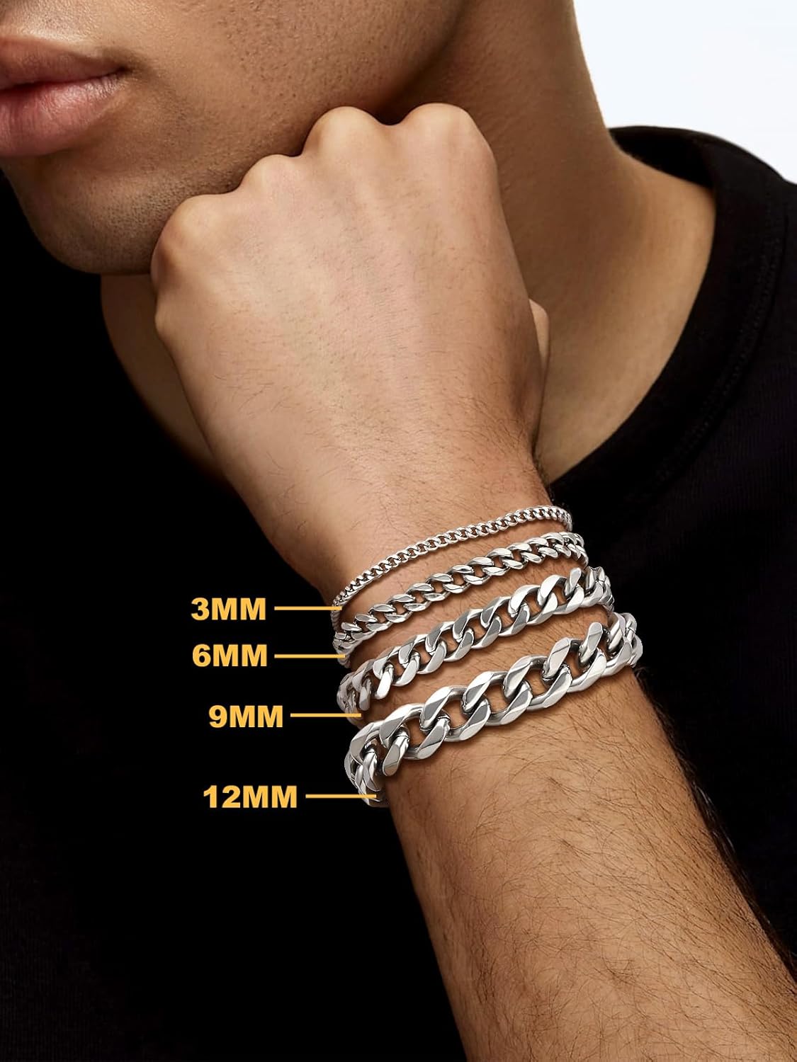 U7 Link Bracelets for Men, Cuban Link/Rope/Watch Band Solid Bracelet, Silver Black Gold Color Wrist Bracelet 3/6/9/12/15mm Width, 6.5/7.5/8.3 Inch Length, Hand Chain Jewelry for Mens Women - Image 3