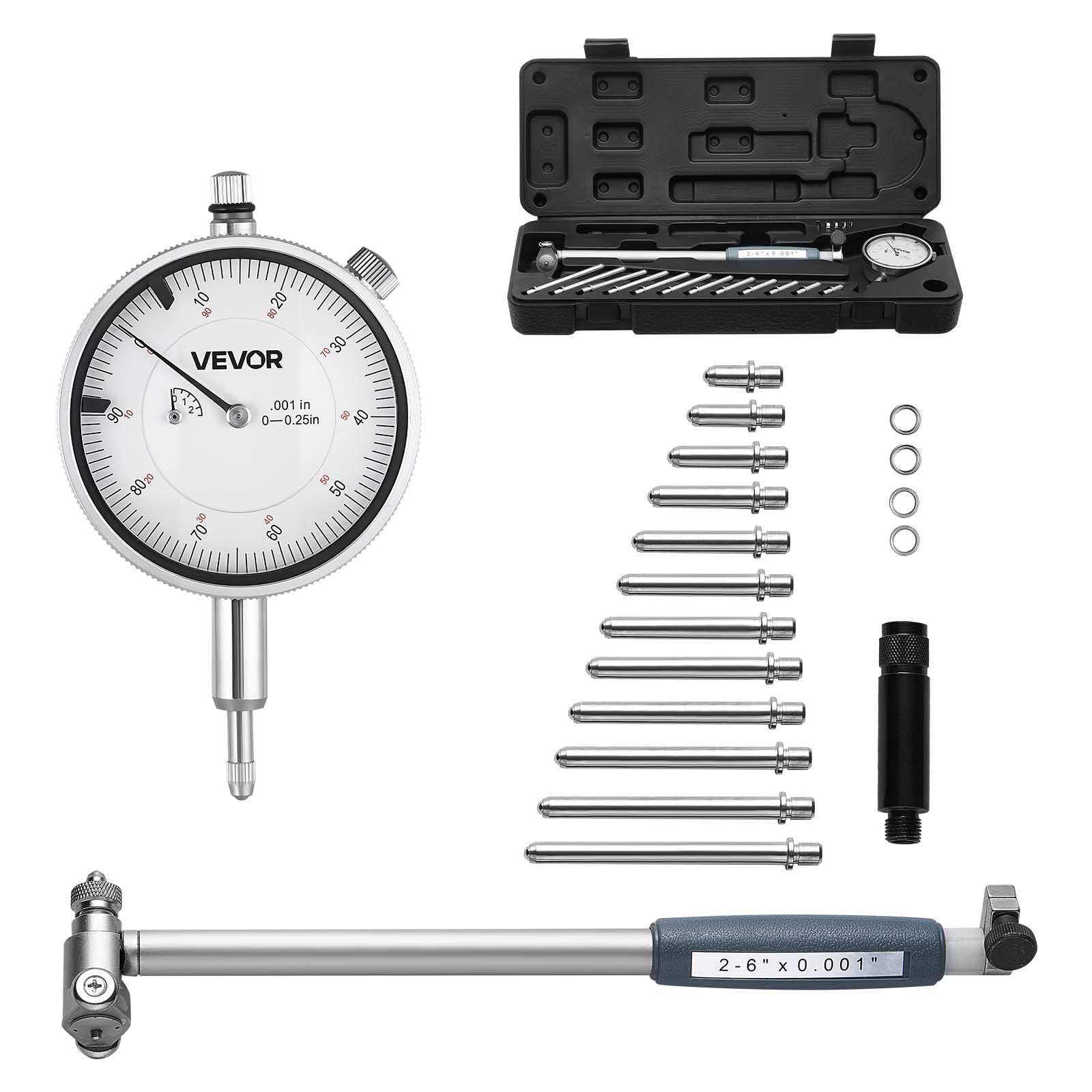 VEVOR Juego de Calibres de Cuadrante, Precisión de 0,03 mm, Rango de 0 a 6,35 mm, Indicador de Cuadrante y Comprobador de Diámetro Interior, con Varilla, Caja de Almacenamiento y Yunques, Negro