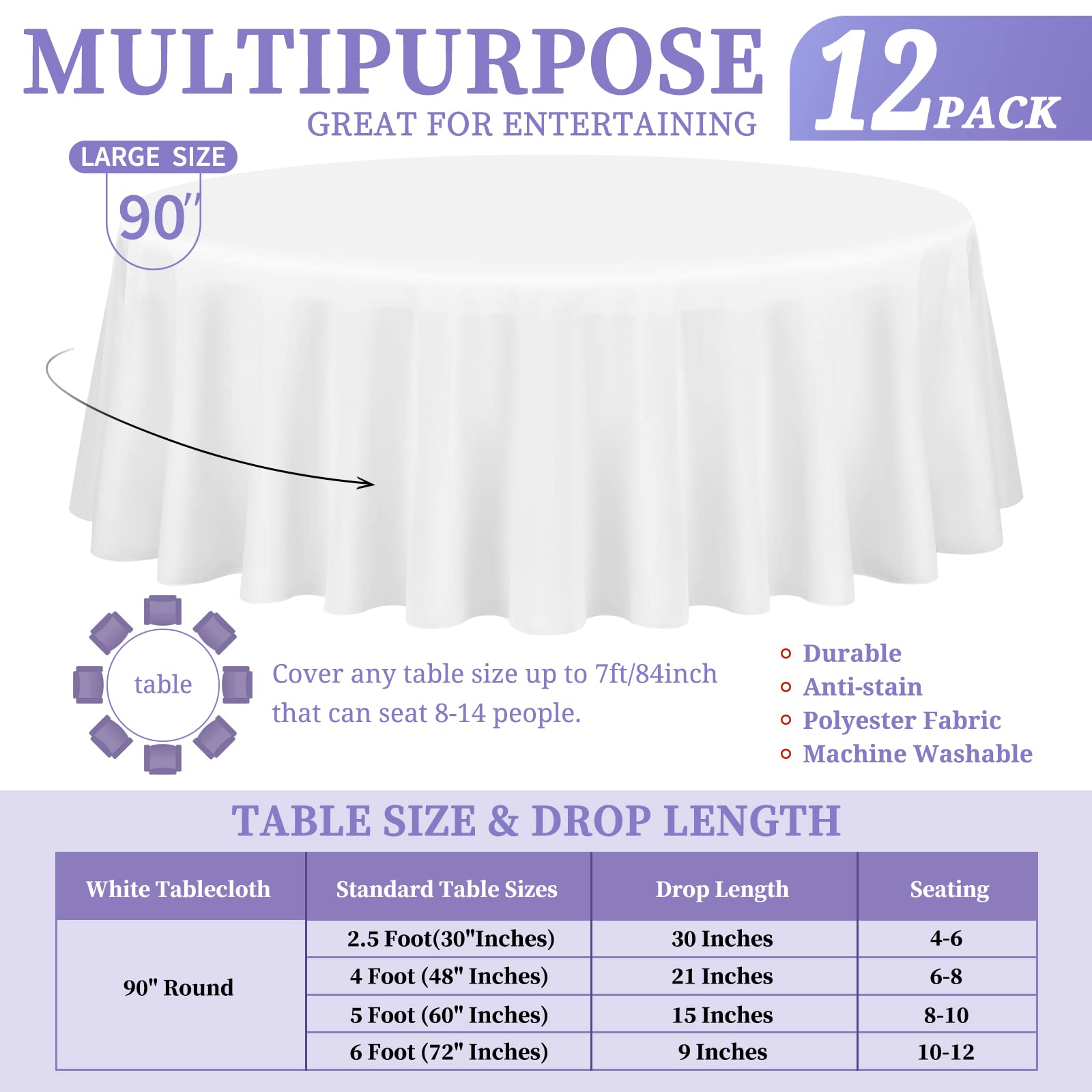 Showgeous 12 Pack White Round Tablecloth 90 Inch Washable Polyester Tablecloths for Round Tables Wrinkle Resistant Round Table Cloth Decorative Fabric Table Cover for Dining Wedding Party Banquet