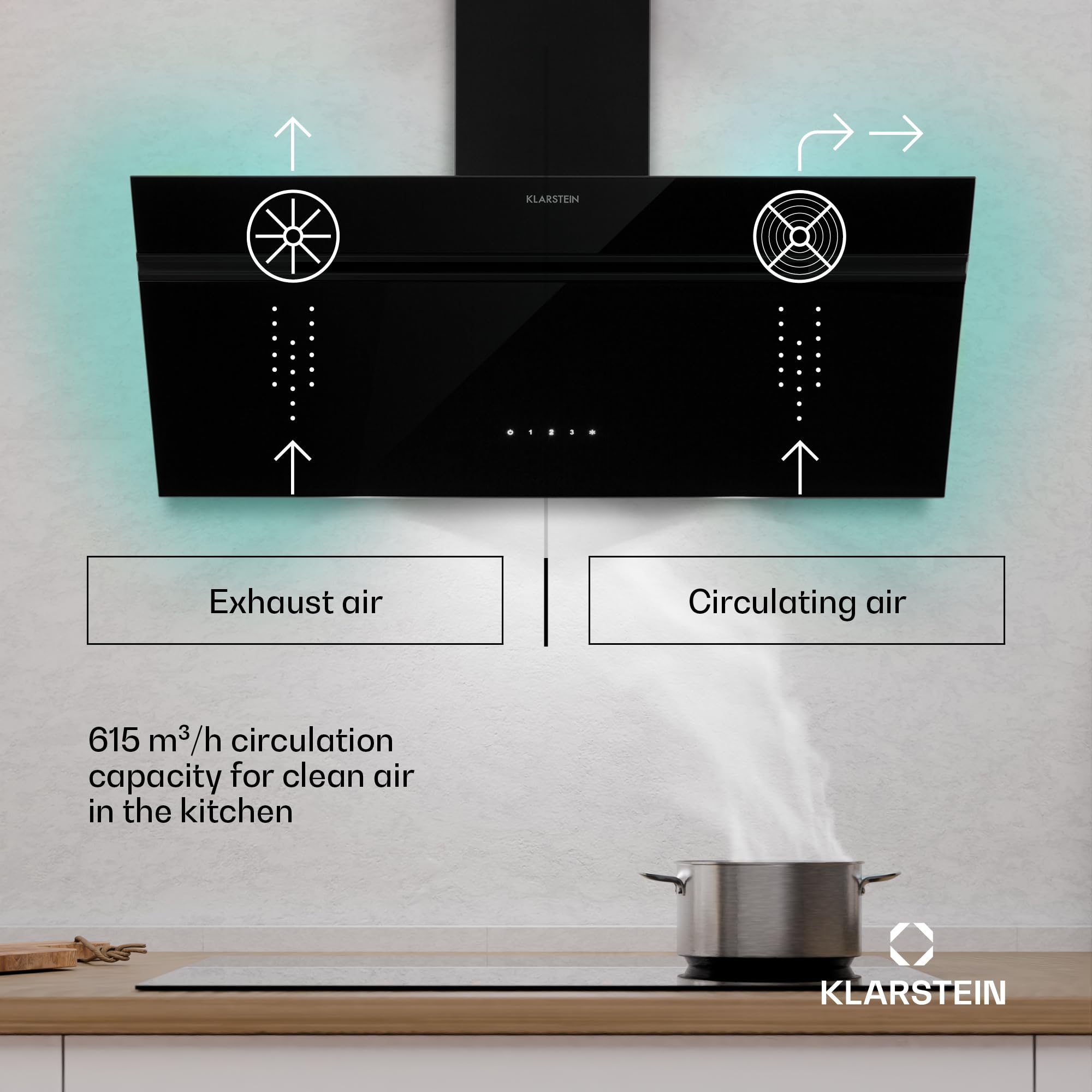 Klarstein Alina Okap kuchenny przyścienny – 90 cm, przepływ 615 m³/h, sterowanie dotykowe, klasa energetyczna A, podświetlenie LED w 9 kolorach, cichy 54 dB, czarny, opcja recyrkulacji