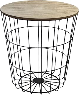 H&S Decorations Mesa Auxiliar Decorativa de Metal y Madera, Negro y Natural