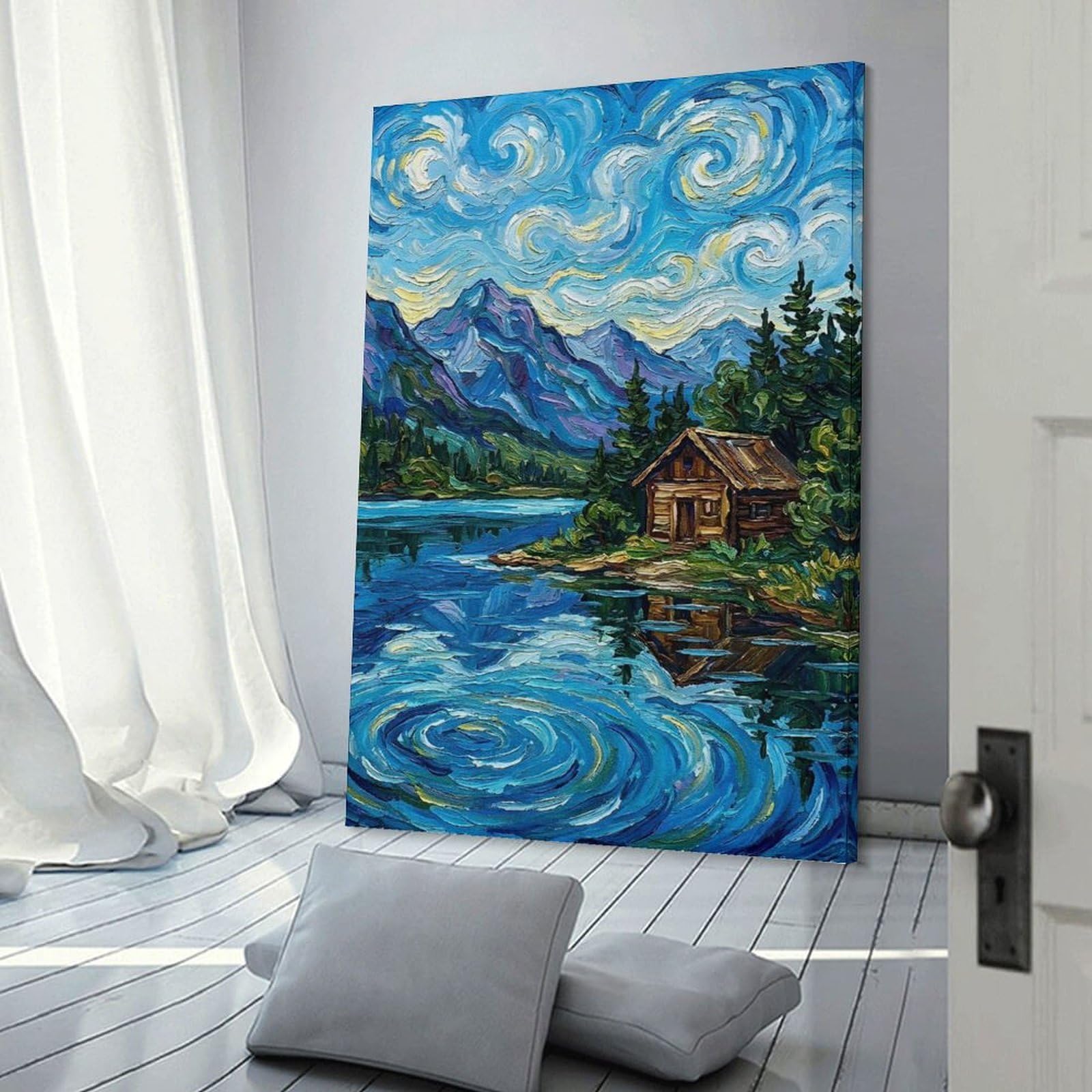 Junmoney Cabin by The Lake Painting Room Decor Wall Art, 20x30inch(50x75cm), for Office, Study Or Home Workspace, Decorative Artwork for Productive Spaces