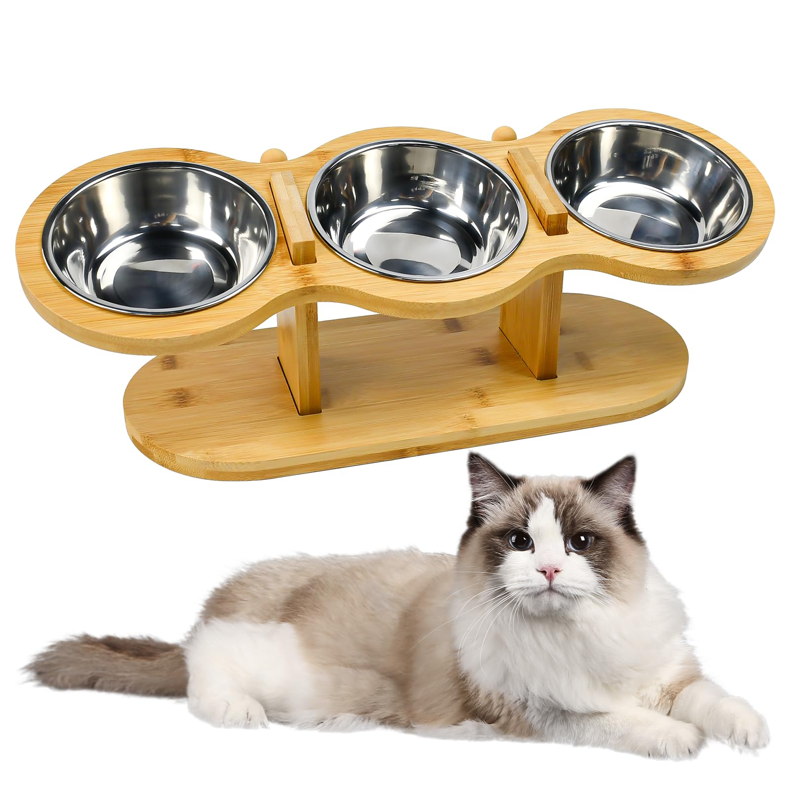 Ciotole per Gatti Rialzate,Mangiatoia per Gatti con 3 Ciotole,Ciotola in Acciaio Inox Rialzate con Supporto in Legno per Cani Piccoli, Gattini