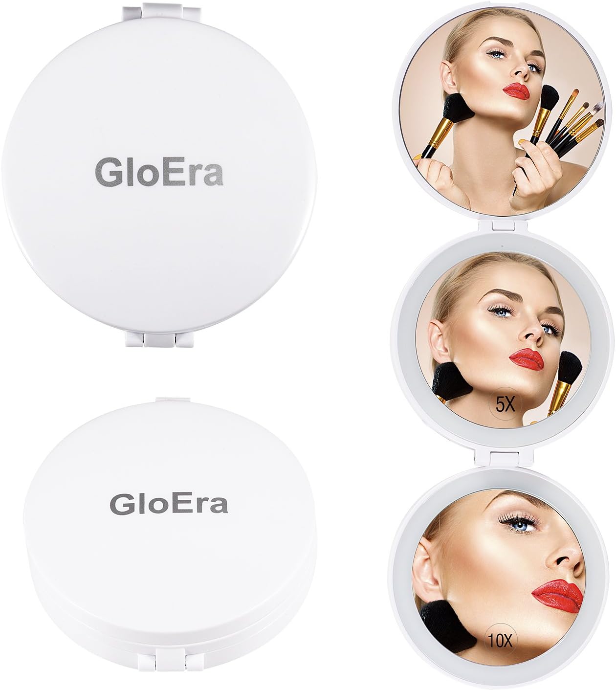 Compact Makeup Mirror, GloEra Pocket Handheld Mirror 1x5x10x Magnifying USB Rechargeable Dimmable LED Mirror Round Portable Foldable Handbag Beauty Mirror for Dating Party Wedding Meeting Traveling