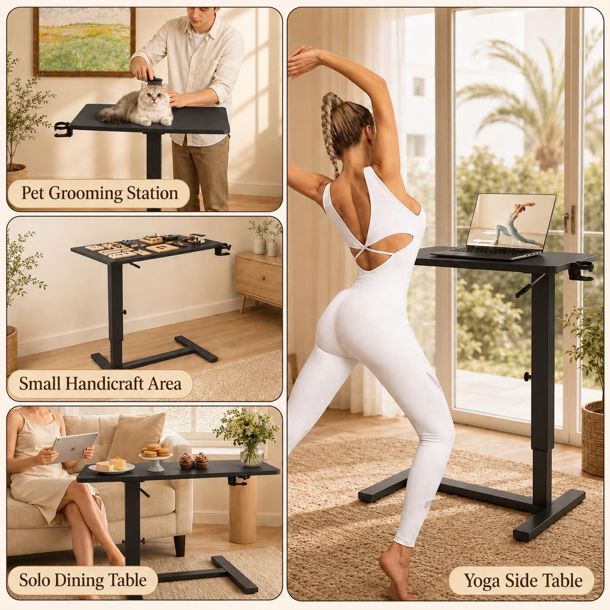 Adjustable Overbed Table with Wheels, Pneumatic Height Adjustable Bedside Desk, Rolling Laptop Desk for Bed, Sofa & Recliner, Mobile Standing Computer Workstation for Home & Hospital - Black
