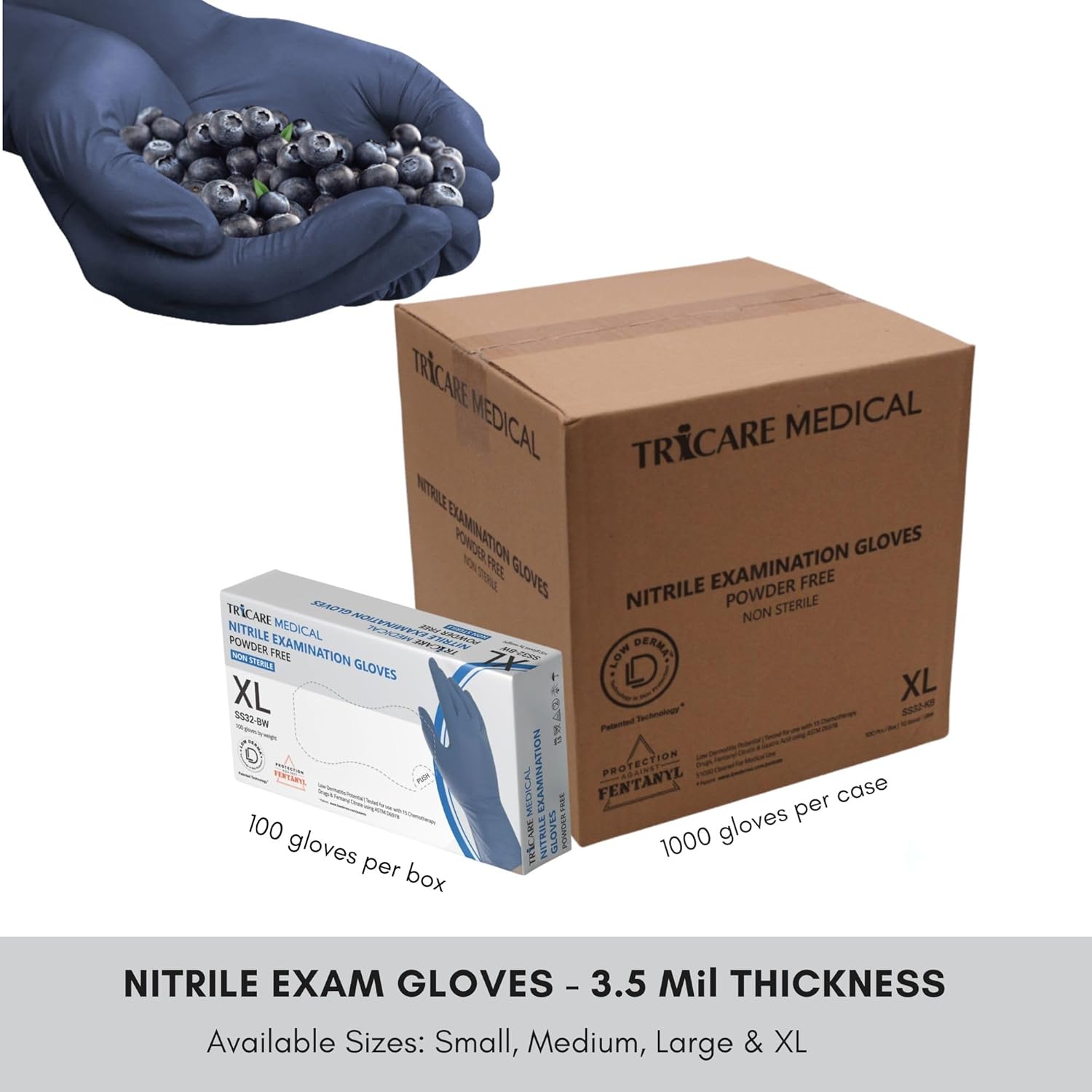 Low Derma Nitrile Exam Gloves, Chemo drug tested, Latex free, Powder free, Berry Blue, 3.5 mil, S, M, L, XL