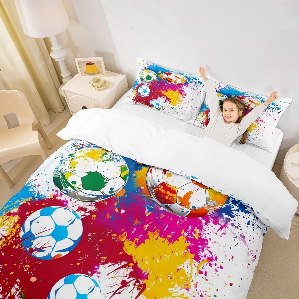 Soccer Kids Duvet Cover Set Full Size,Watercolor Tie-dye Graffiti Fashion Bedding Set,Girls Boys Adults Room Decor,Ball Sports Games Honeycomb Chic Comforter Cover,Bright Quilt Cover,2 Pillowcases