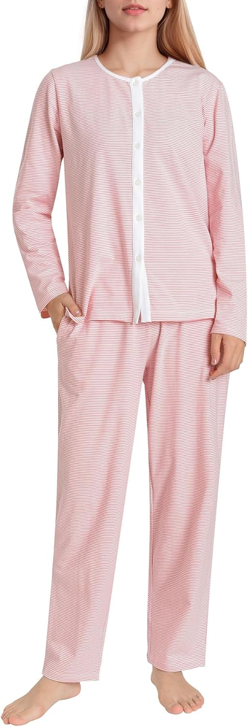 Latuza Women's Petite Cotton Pajama Set Striped Button Down Pjs