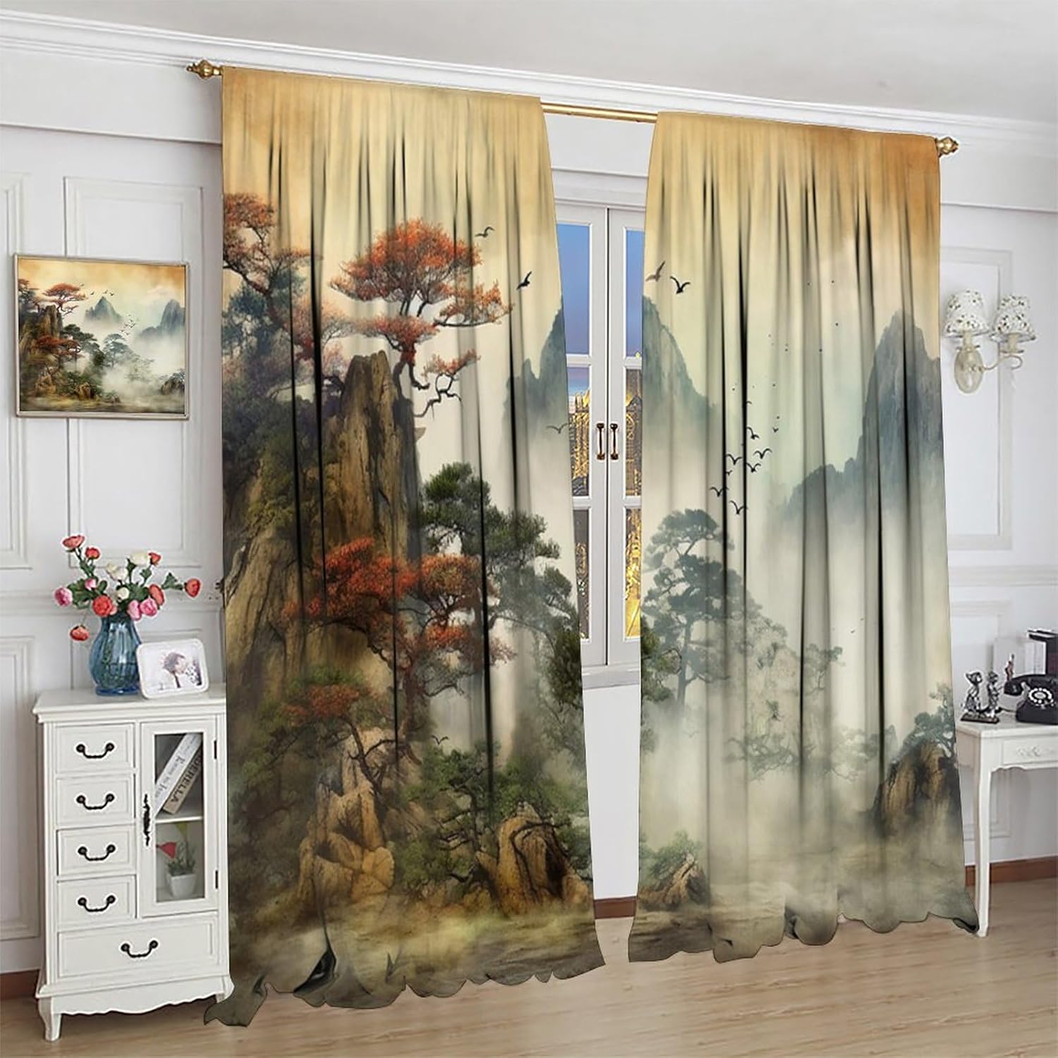 Vintage Chinese Ink Curtains, Mysterious Foggy Mountain, Rod Pocket Blackout Thermal Insulation Window Drapes for Living Room Bedroom Bathroom (21x45in) x2 Panels