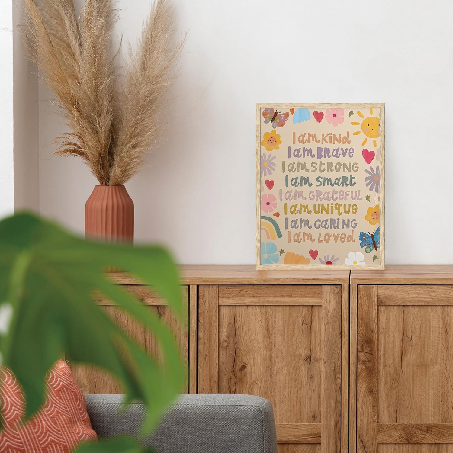Inspirational Nursery OAK Framed Wall Art Positive Affirmations Canvas Wall Art Motivational Prints Encourage Pictures Floral Sunshine Butterfly Decor for Children Bedroom Playroom 12x16