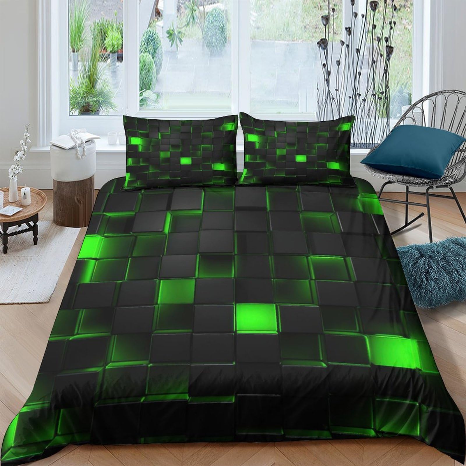Ctjqhvkz Style-9 3D Printed Neon Geometric Fitted Sheet Microfiber Soft Breathable Green Block Mattress Cover For Bedroom Dorm Decor Single（135X200cm）