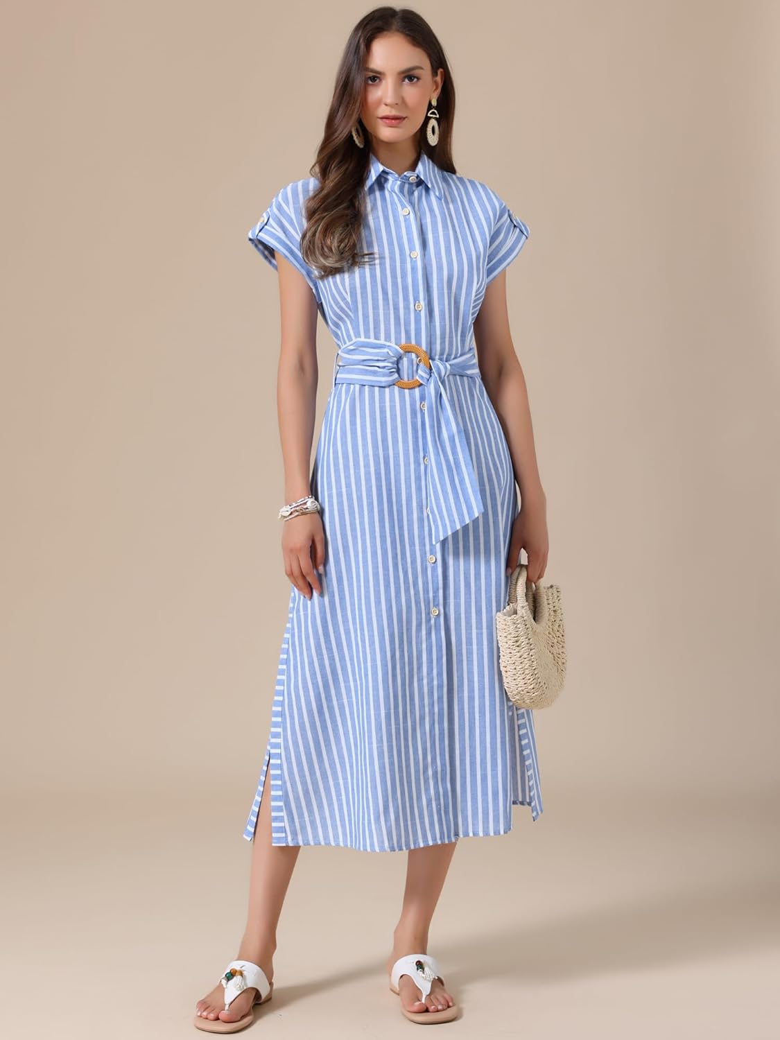 Allegra K Shirt Dresses for Women Casual Button Down Tie Waist Side Slit Summer Striped Midi Dresses - Image 3