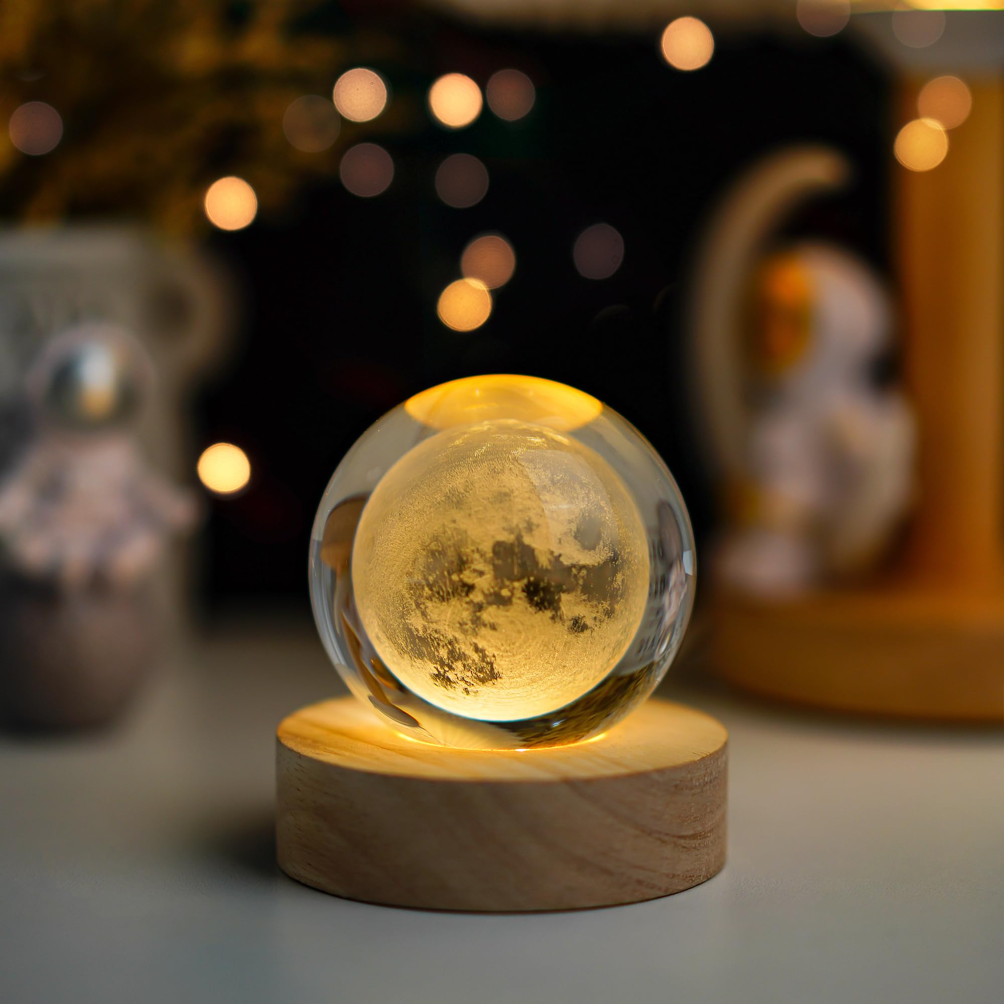 Crystal Moon Crystal Ball with Light Base Night Light 2.3Inches Glass Moon Globe Home Decor Birthday Gift for Women, Friends, Family