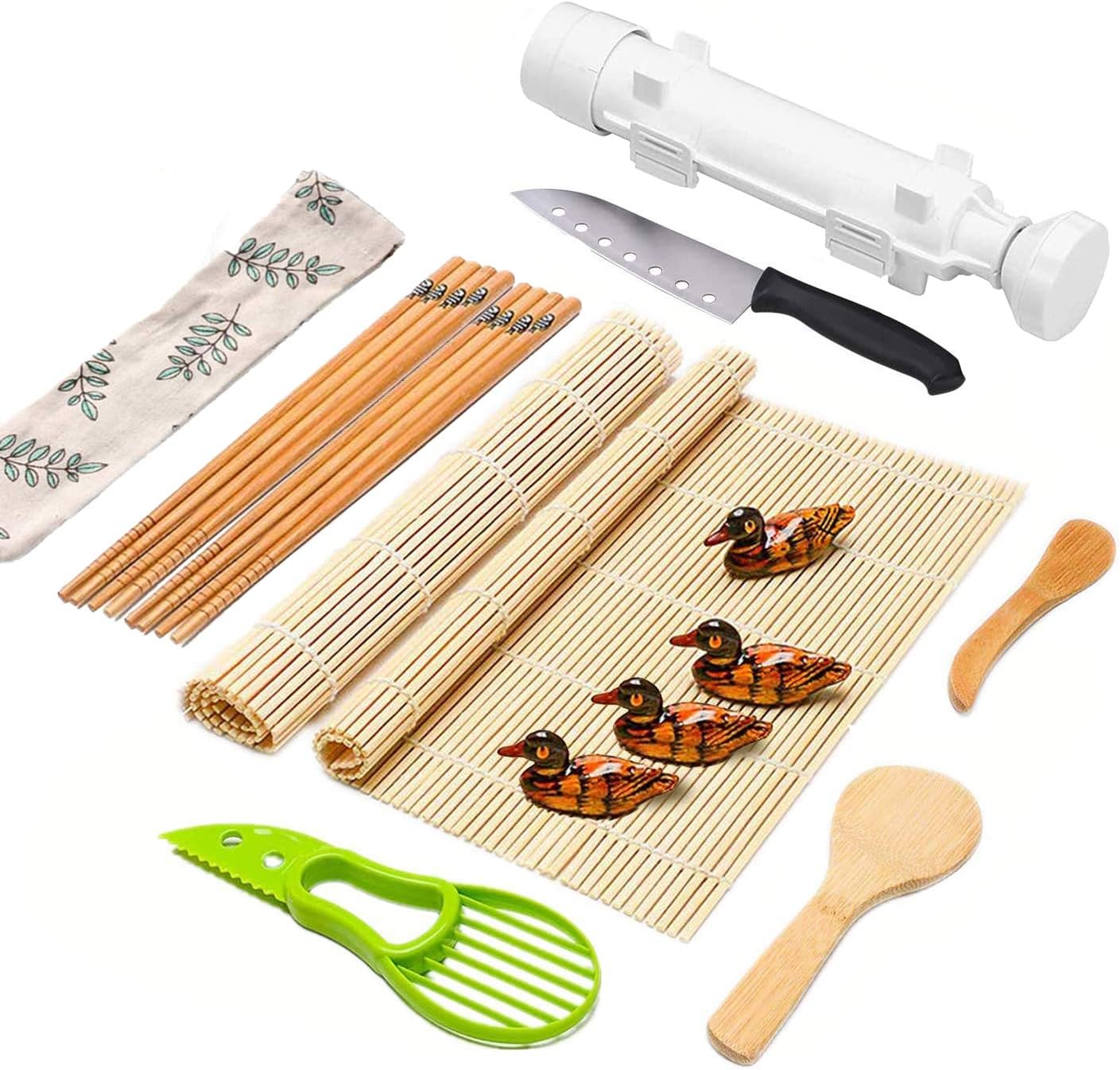 Sushi Making Kit Full Sushi Set for Beginners Sushi Bazooka Maker DIY Sushi Roller Machine with Natural Bamboo Sushi Mats Chopsticks Rice Paddle Spreader, Avocado Slicer, Sushi Knife -16 PACK