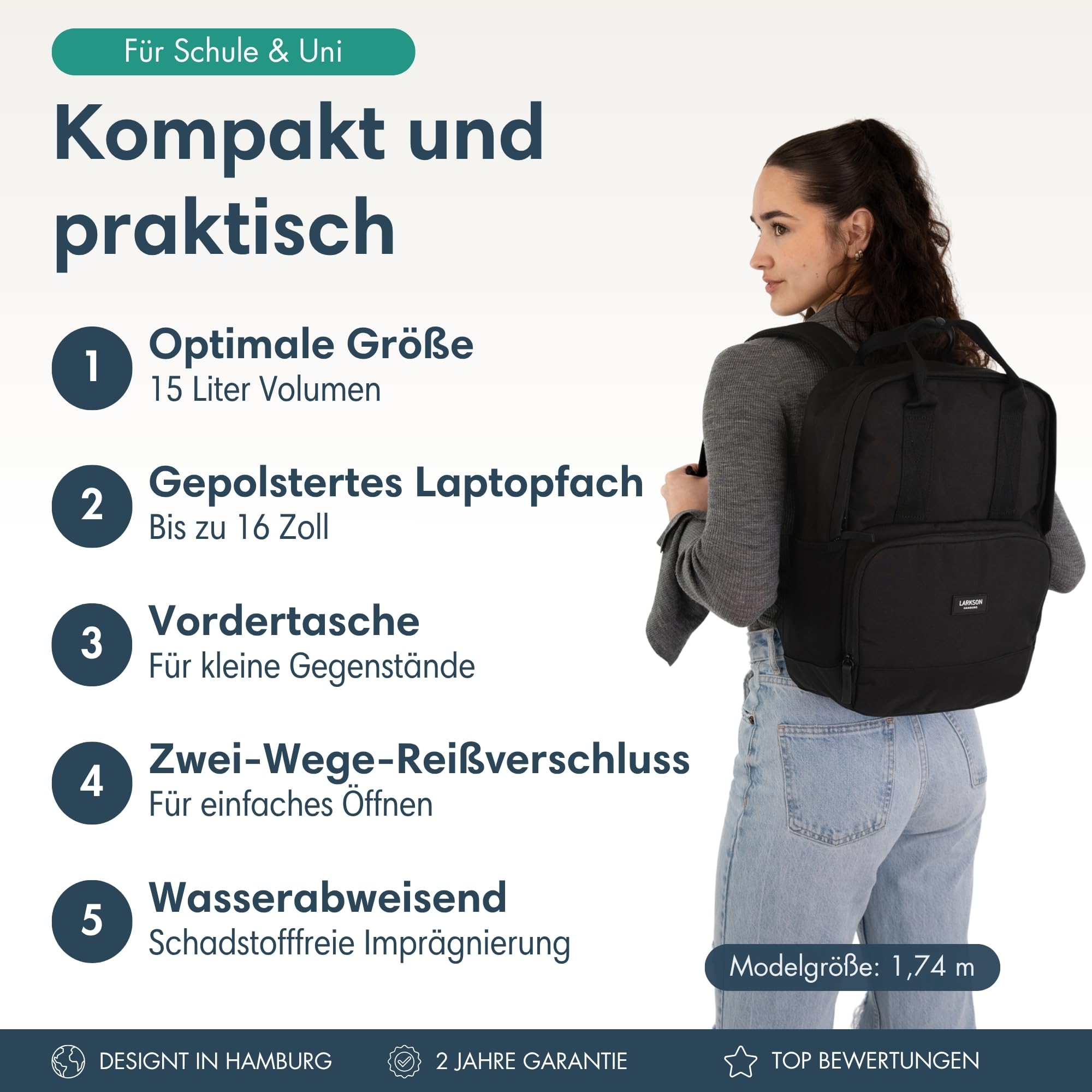 LARKSON Rucksack Damen & Herren Schwarz - No 6 - Daypack mit 16 Zoll Laptopfach - Rucksäcke für City Schule Business - Schulrucksack Mädchen Teenager - Wasserabweisend