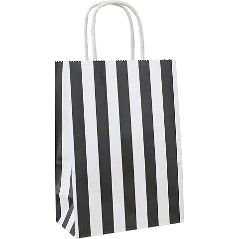 25 PCS Black and White Striped Gift Bags Small Kraft Paper Bags with Handles for Pa...