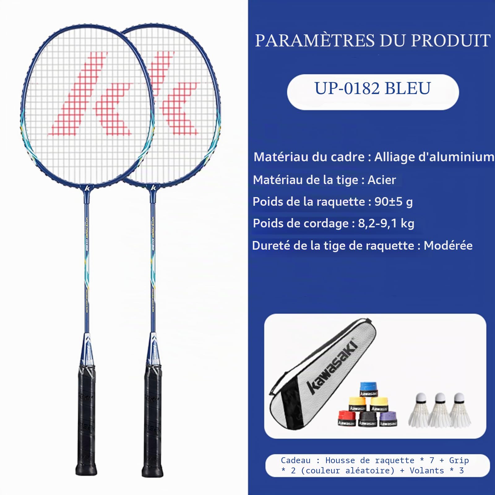 Lot de 2 raquettes de badminton professionnelles légères avec 3 balles de badminton, 2 poignées, 1 sac de raquette et 2 raquettes de badminton pour l'entraînement, le sport (bleu)