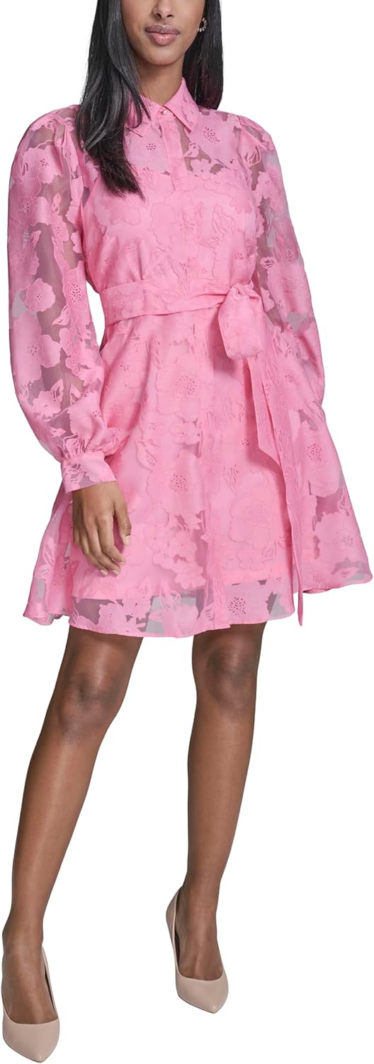 Karl Lagerfeld Women's Long Sleeve Collared Organza Overlay Belted Mini Dress