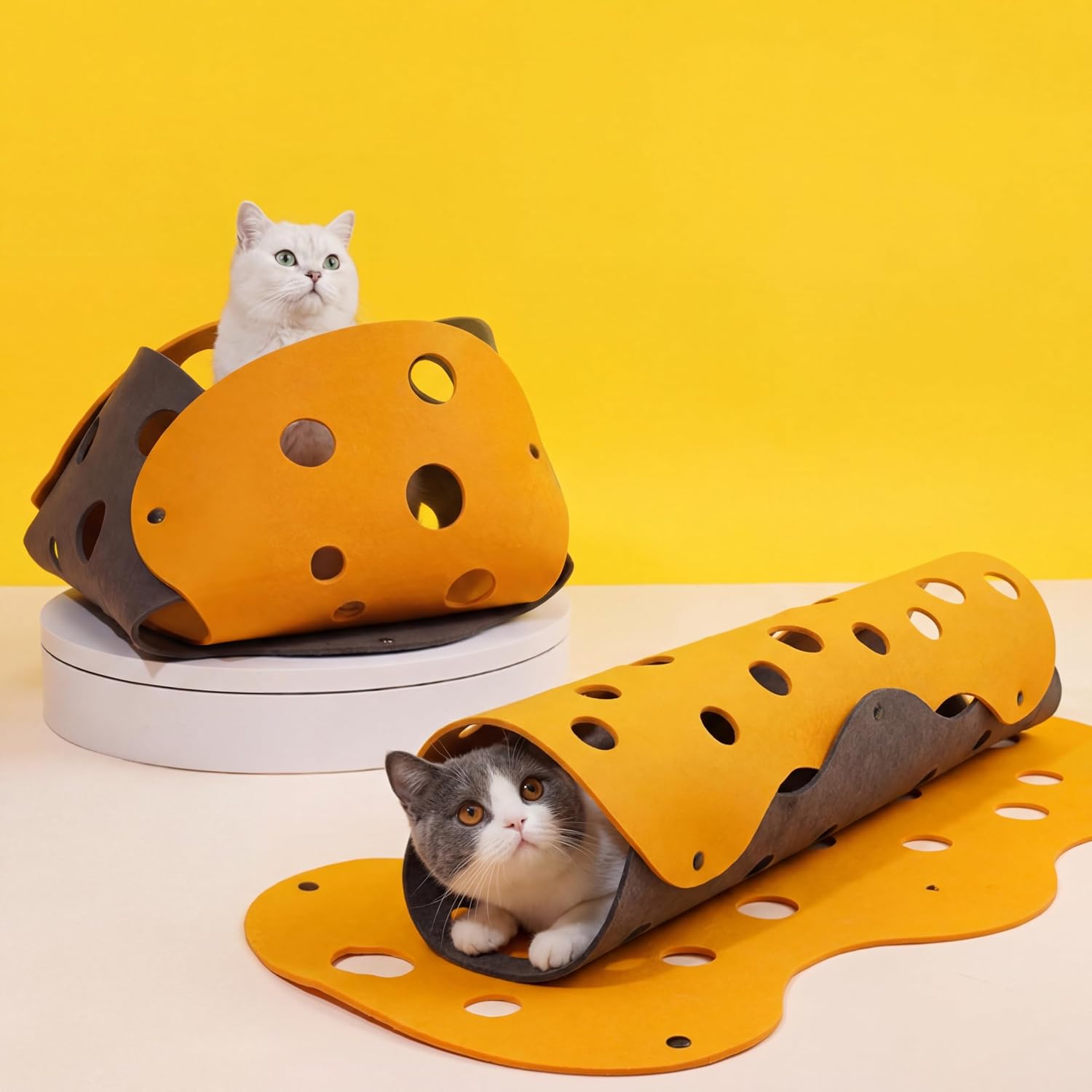 ZEZE Cheese Cat Tunnel for Indoor Cats, Felt Peek Hole Hide Tunnel Toy with Snap Buttons, Foldable Interactive Cat Play Mat for Hide & Seek and Indoor Enrichment