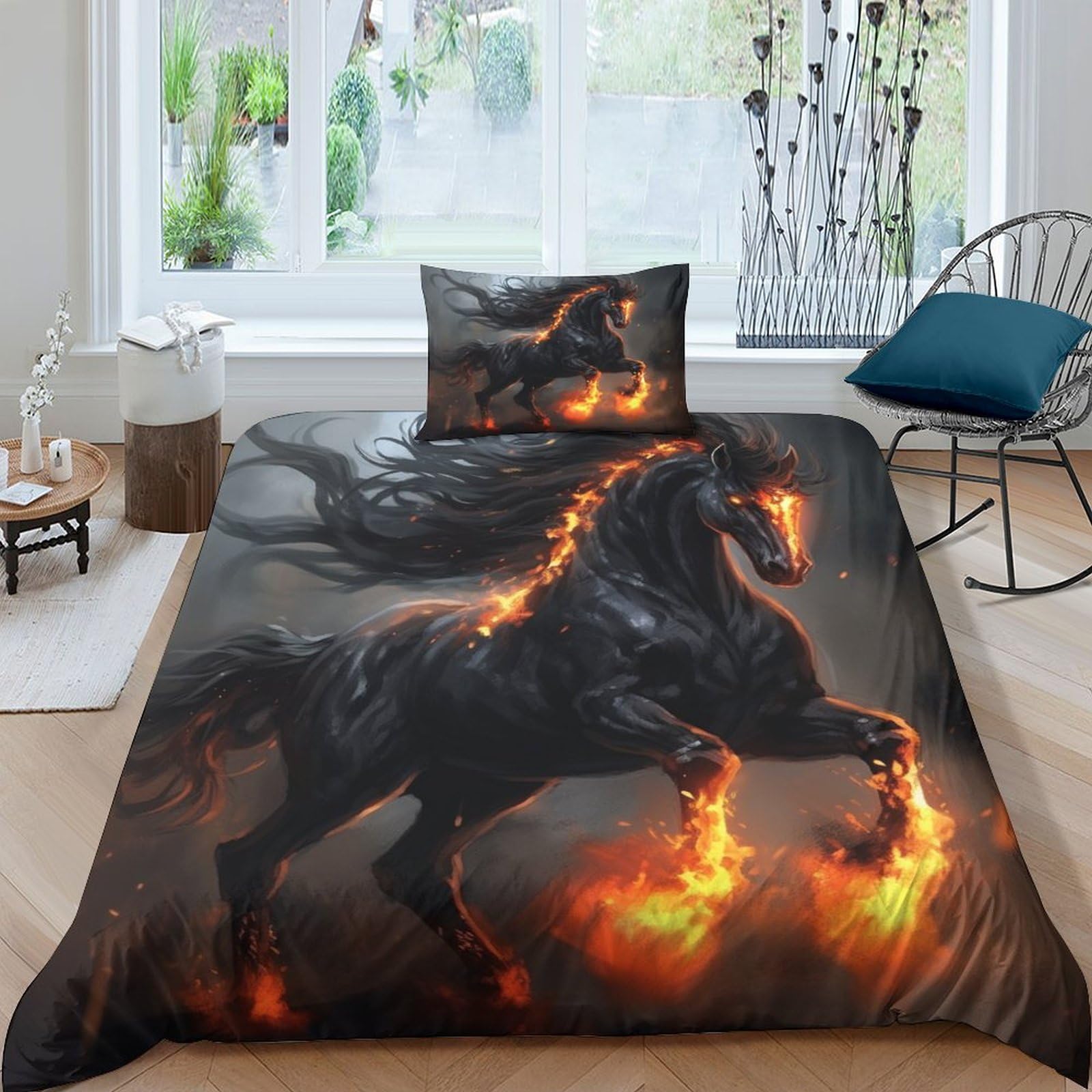 GOOSMI Flaming Horse Quilt Cover Comforter Covers 3D Printed Black Horse Duvet Cover for Boys Girls with Zipper Closure Soft Microfiber with Pillow Cases Bedding Set 3 Pieces Single（135x200cm）