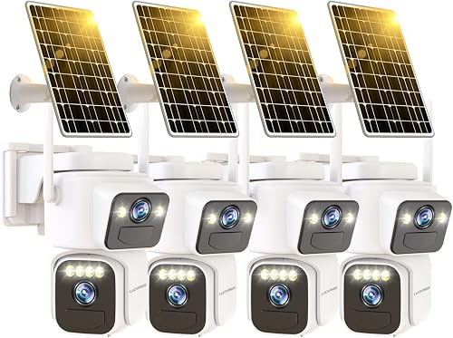 Luovisee Dual Lens Outside Cameras for Home Security Cameras 4 Pack,2.4G & 5G WiFi,Solar Battery Powered Camera with AI Motion Siren,SD/Free Cloud Storage,No Monthly Fee,Color Night Vidion,Waterproof