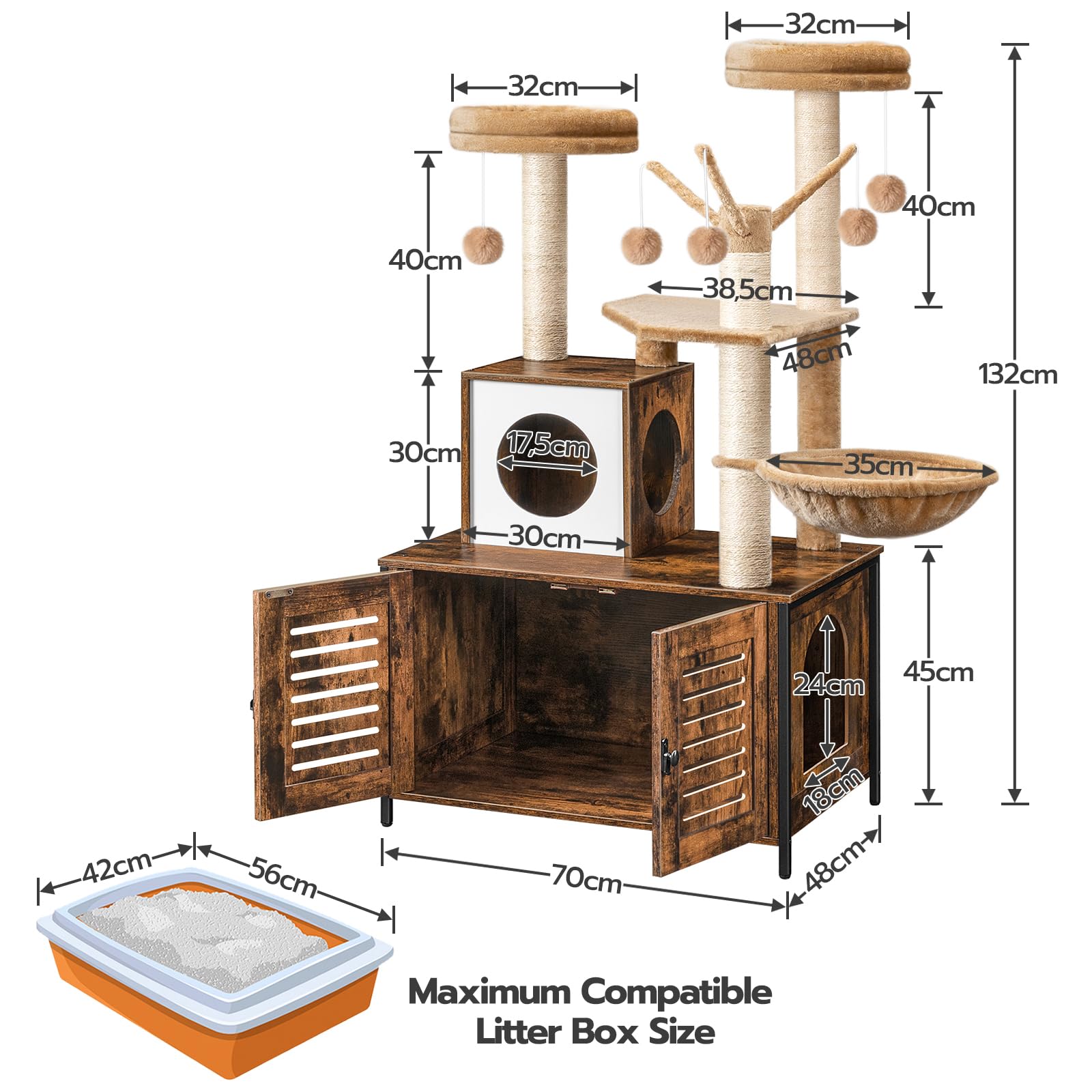 HOOBRO Arbre avec Maison de Litière en Bois avec Tour pour Chat, Bâton taquin à Pompon Amovible, Piliers en Sisal, Marron Rustique EBF14MZ03