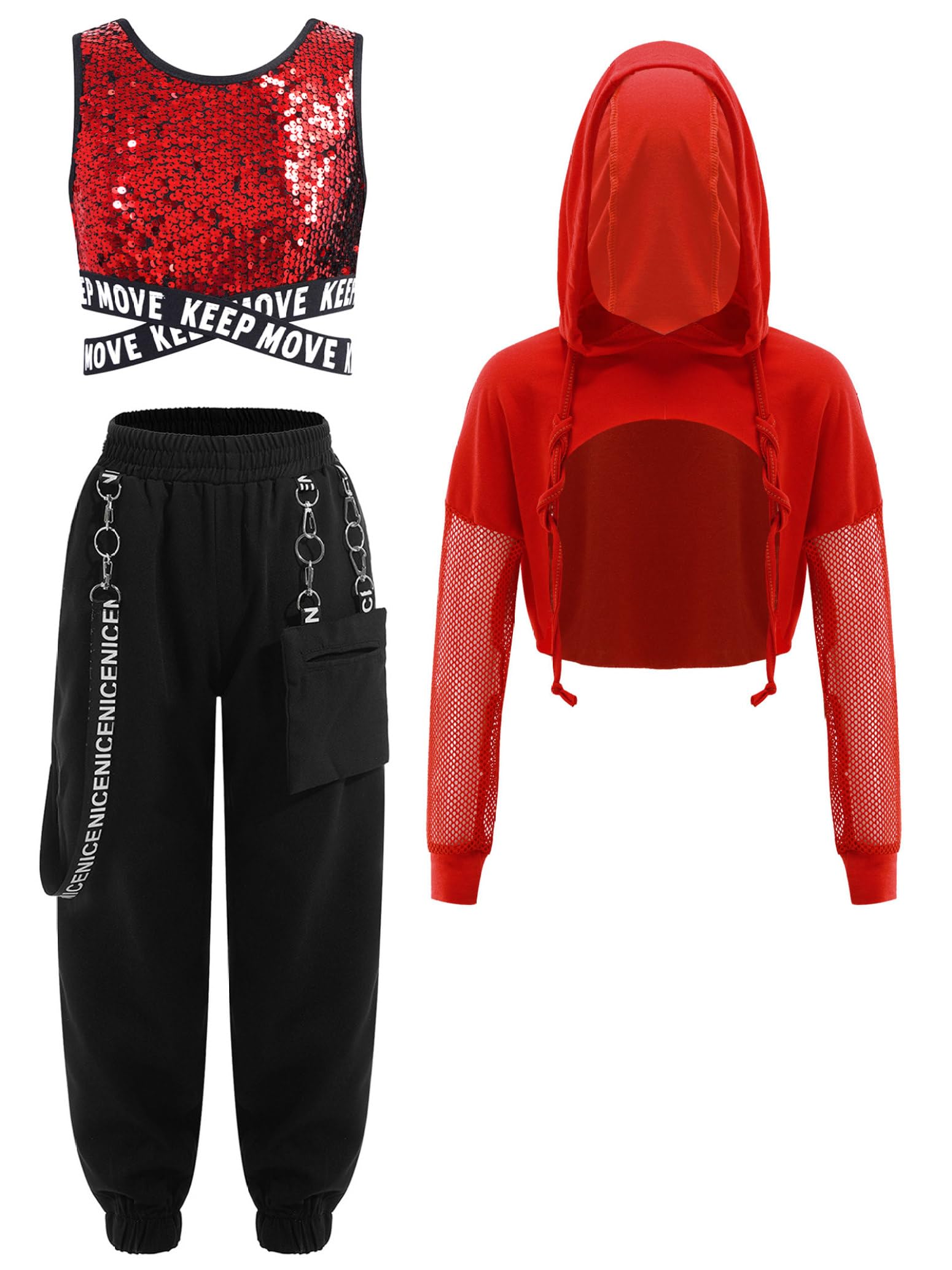 Kids Girls 3Pcs Hip Hop Street Dance Outfits Sequins Vest Hoodie Crop Tops Jogger Pants Set Performance Costume