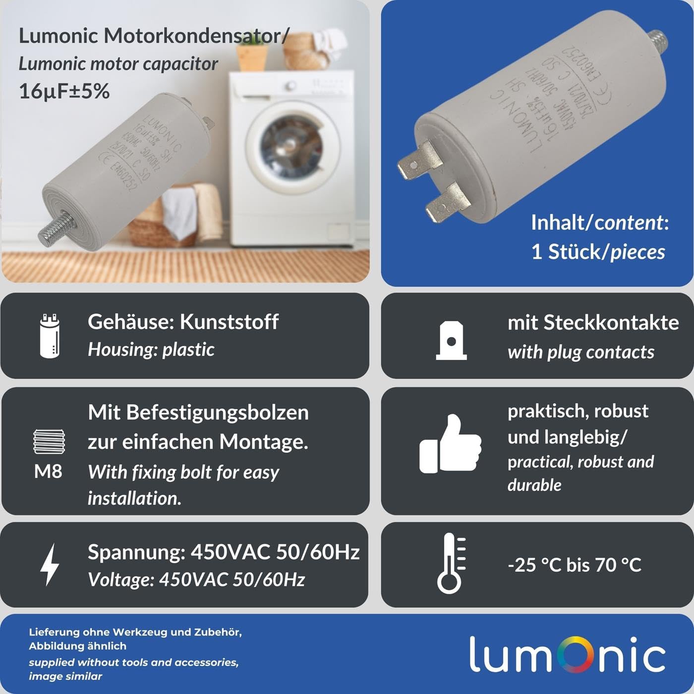 Lumonic Condensatore di avviamento 16µF 450V 34x70mm per pompe tosaerba utensili