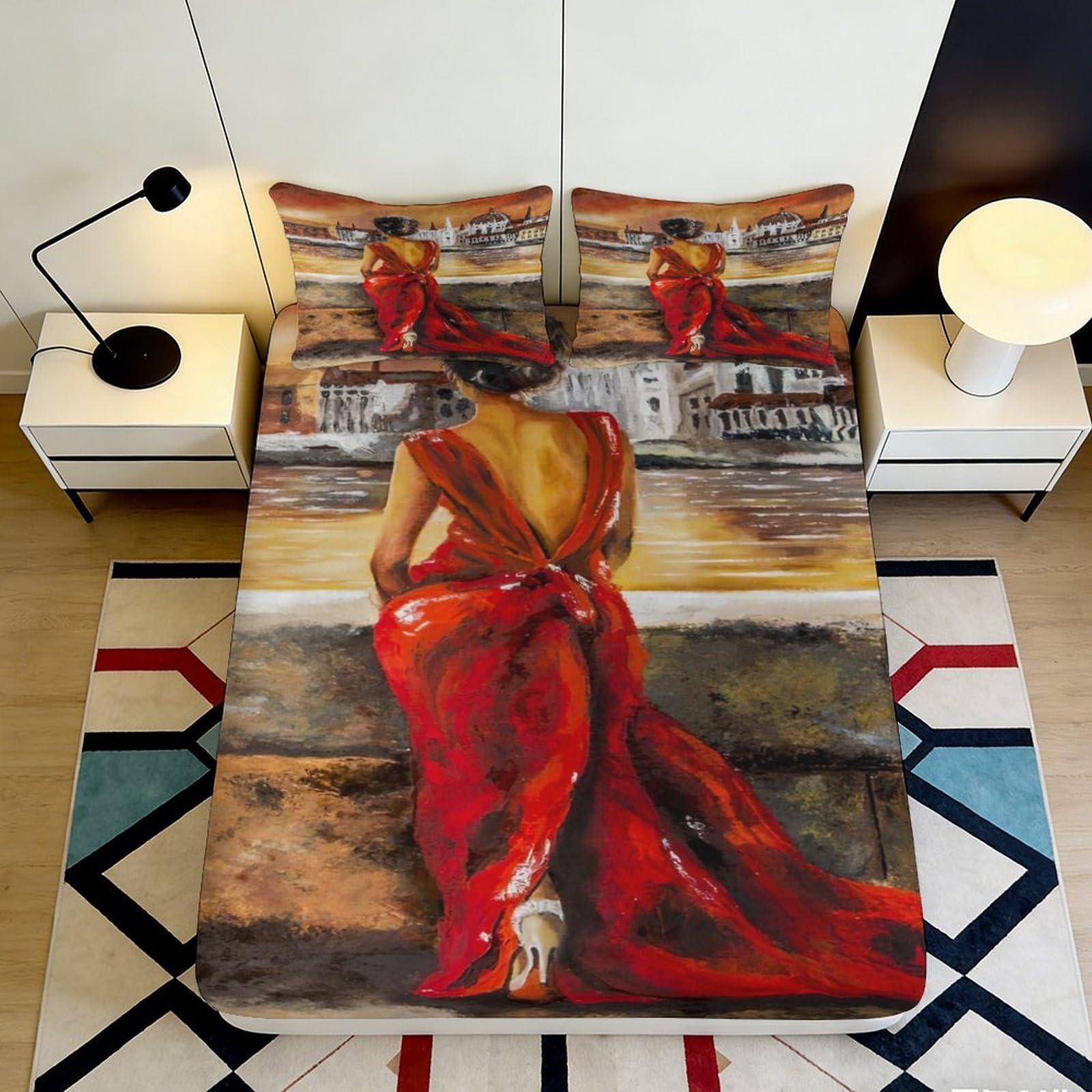 Uxinyoume Style-2 3D Printed Red Dress Fitted Sheet Microfiber Soft Artistic Woman Mattress Cover Bedroom Dorm Decor 90X200x25cm