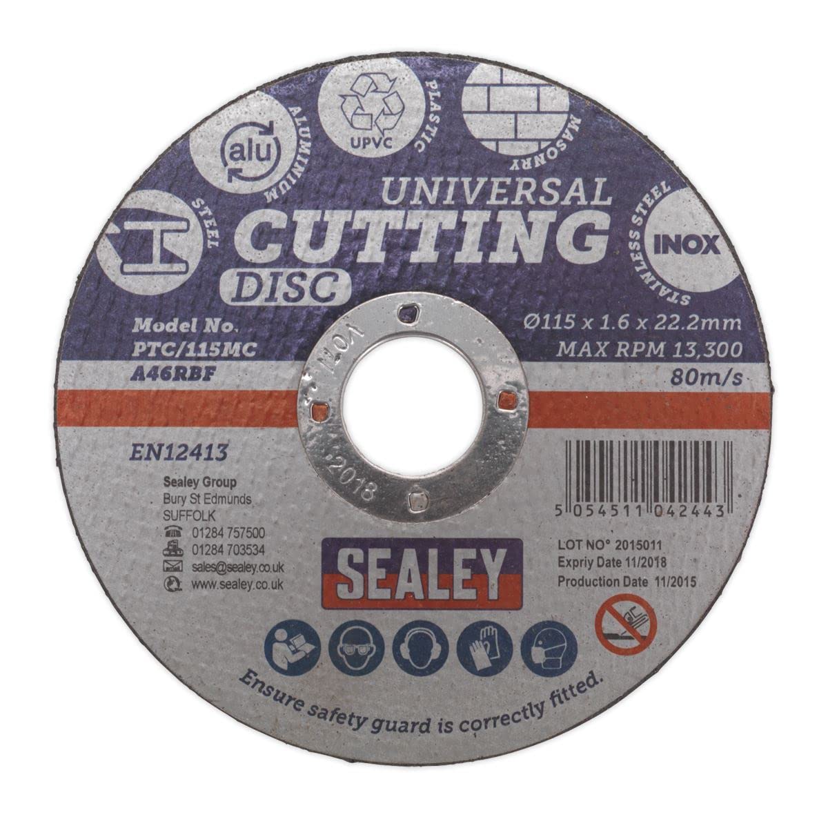 1x Sealey 115 x 1.6mm Diam 22.2mm Bore Multipurpose Cutting Disc - PTC/115MC